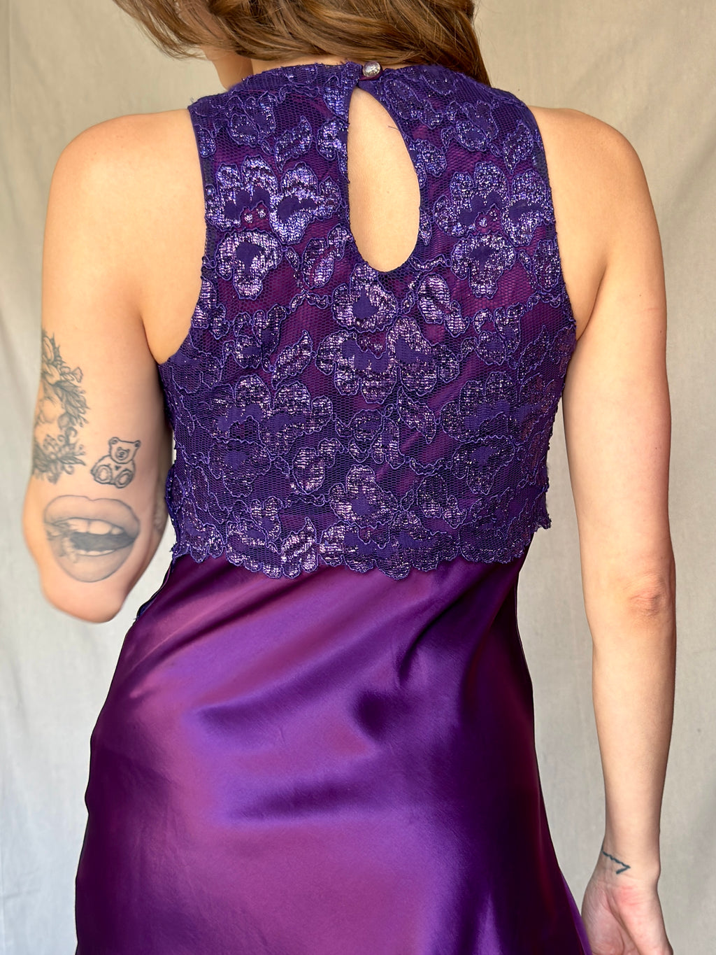 90s Purple Lace Satin Mini Keyhole Dress