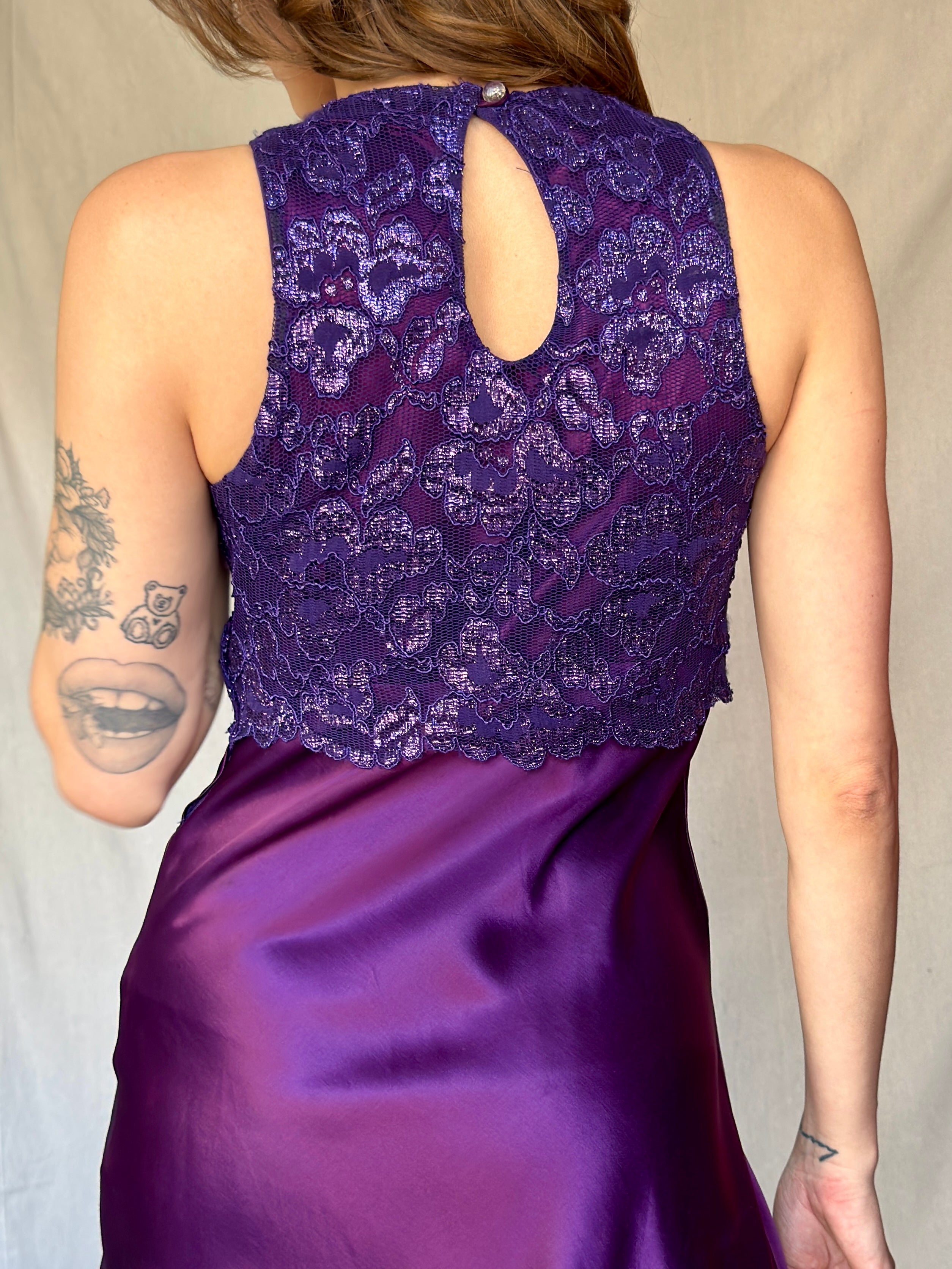 90s Purple Lace Satin Mini Keyhole Dress