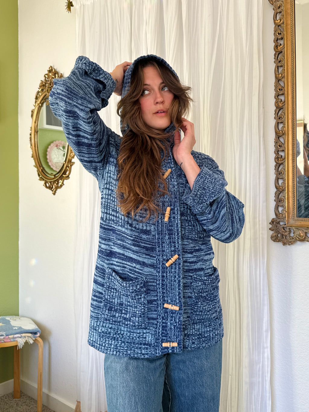 70s Blue Space Dye Hooded Toggle Sweater
