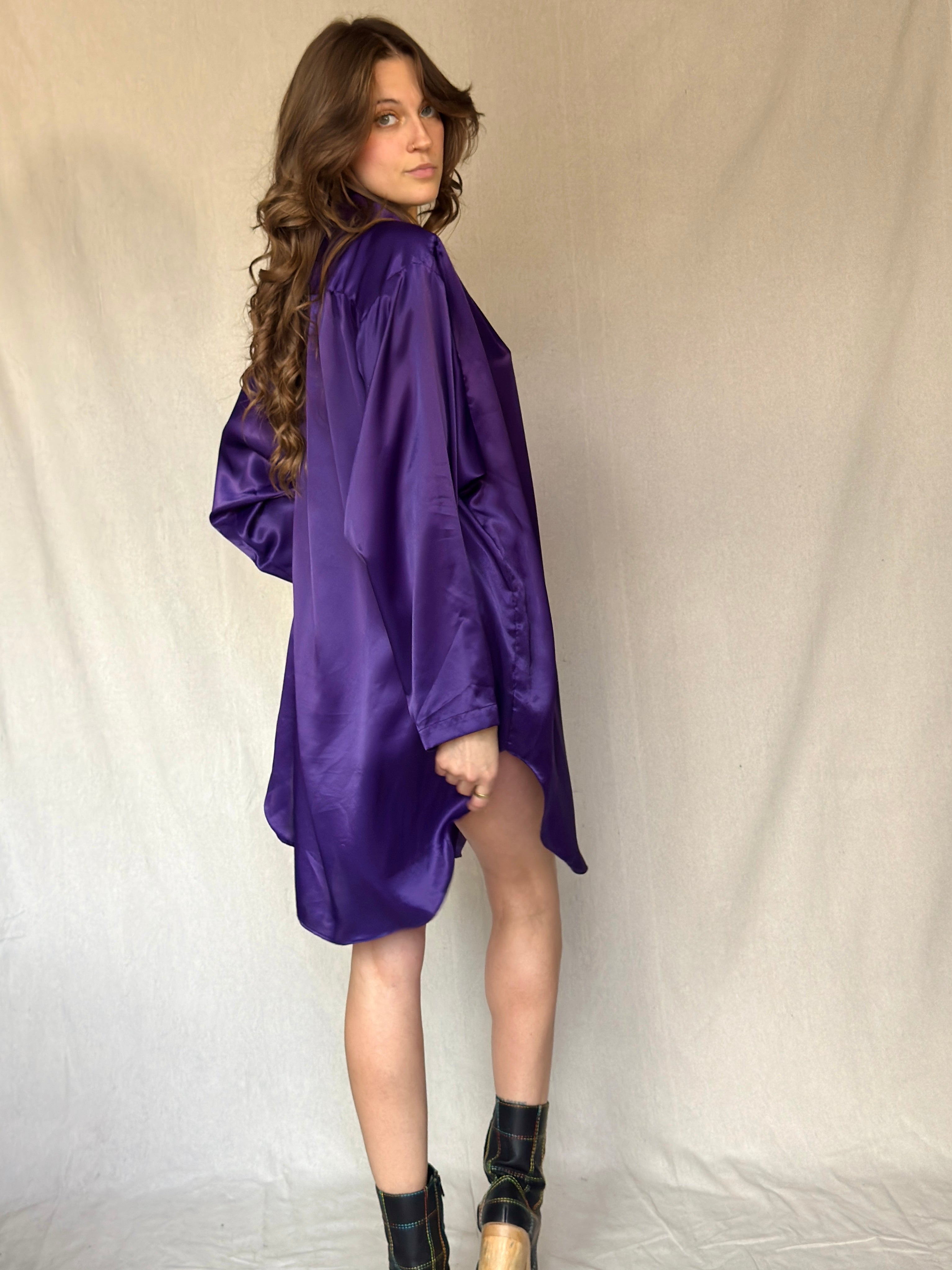 90s Purple Satin Button Up Dress