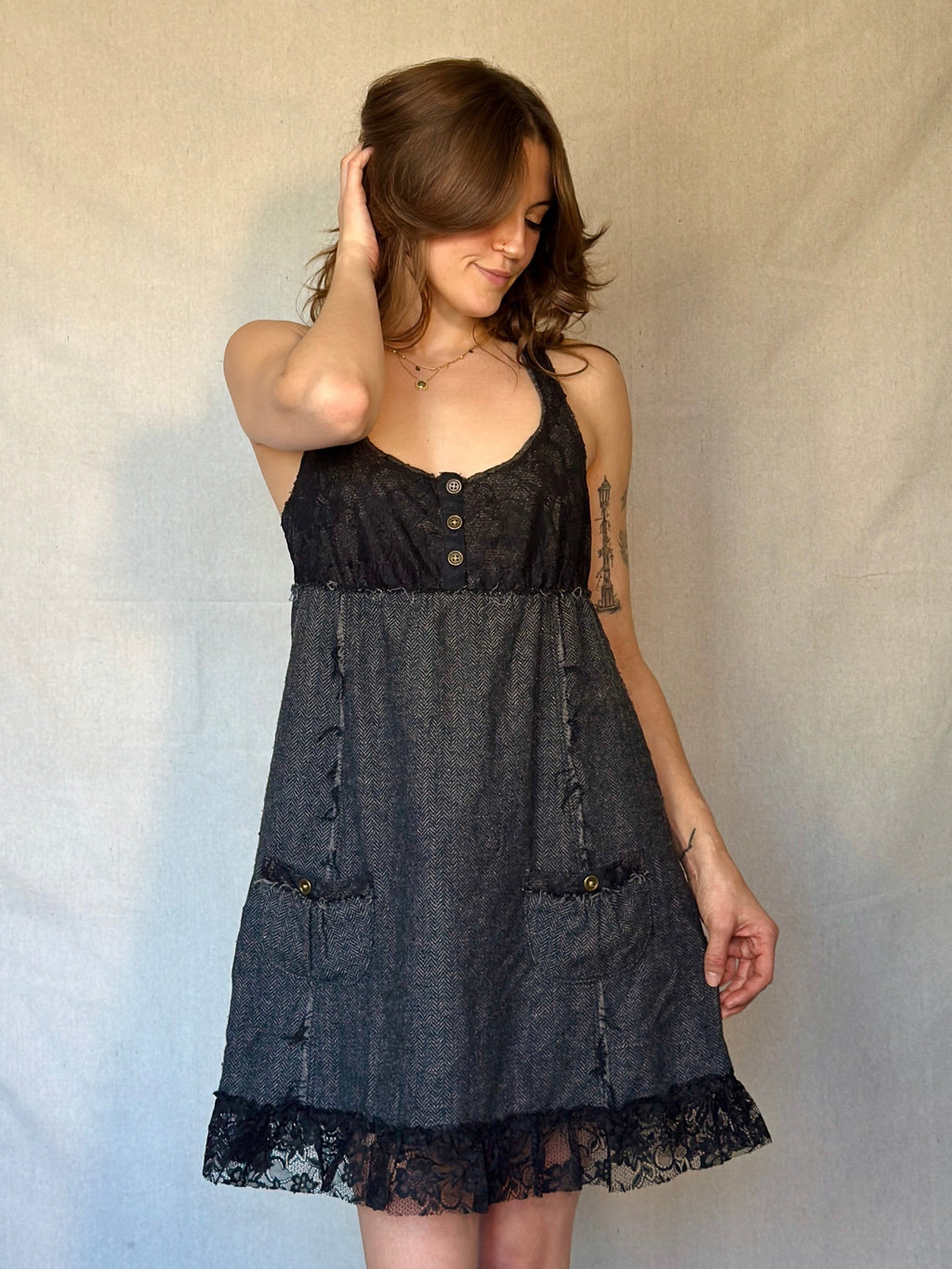 Vintage Free People Black Lace Mini Babydoll Dress