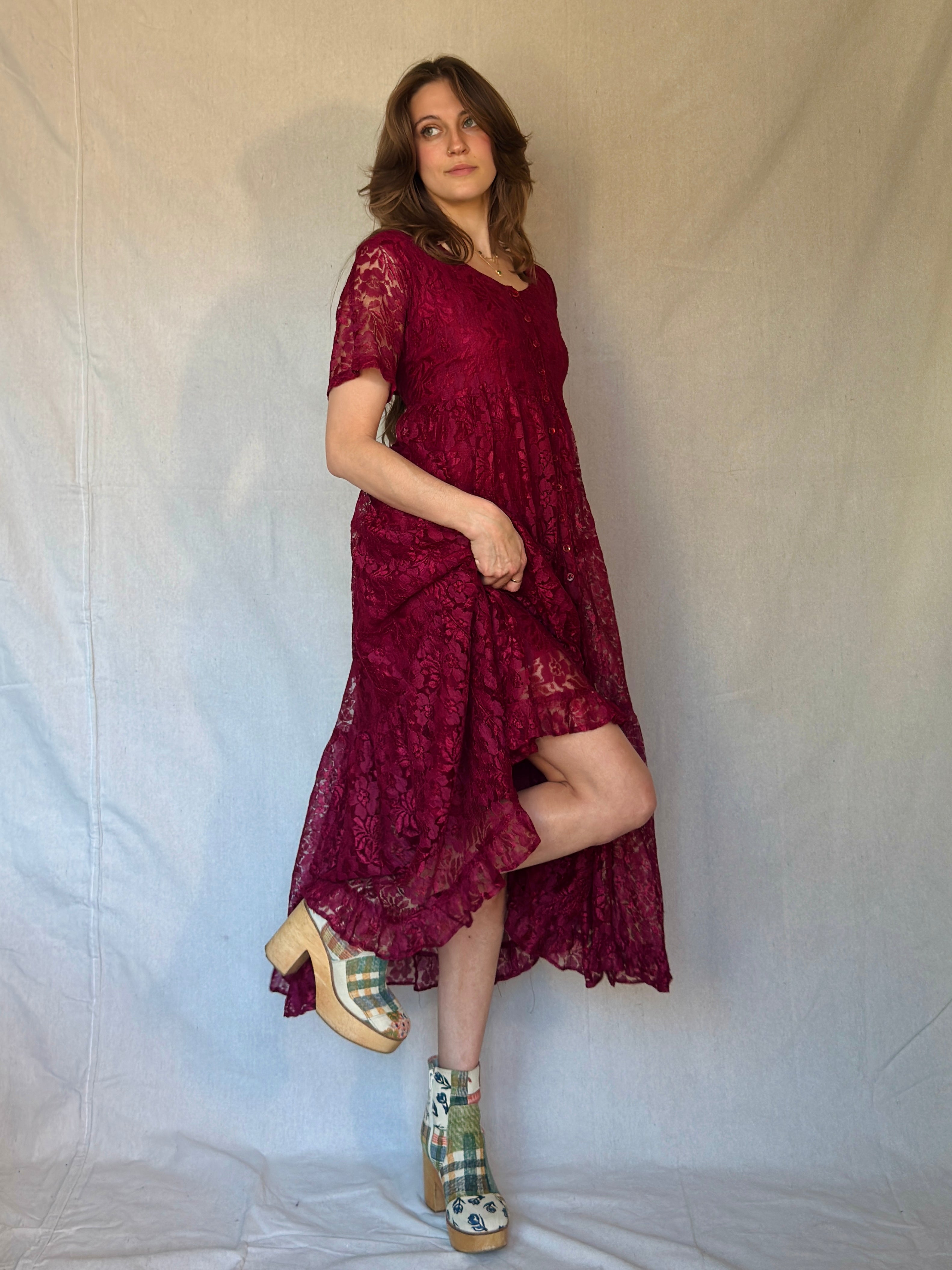 90s Maroon Lace Front Button Up Maxi Dress