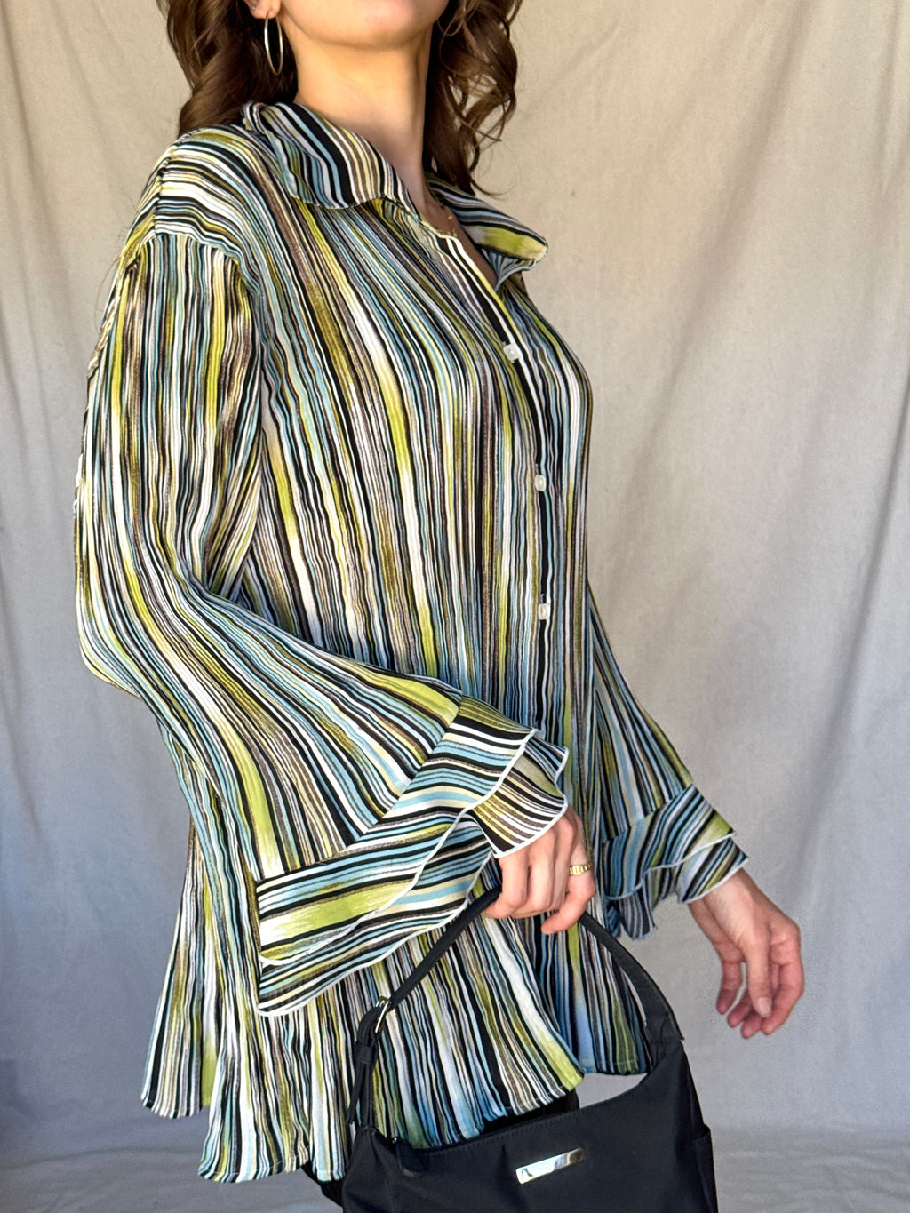 Y2K Striped Whimsy Crinkle Pleat Blouse