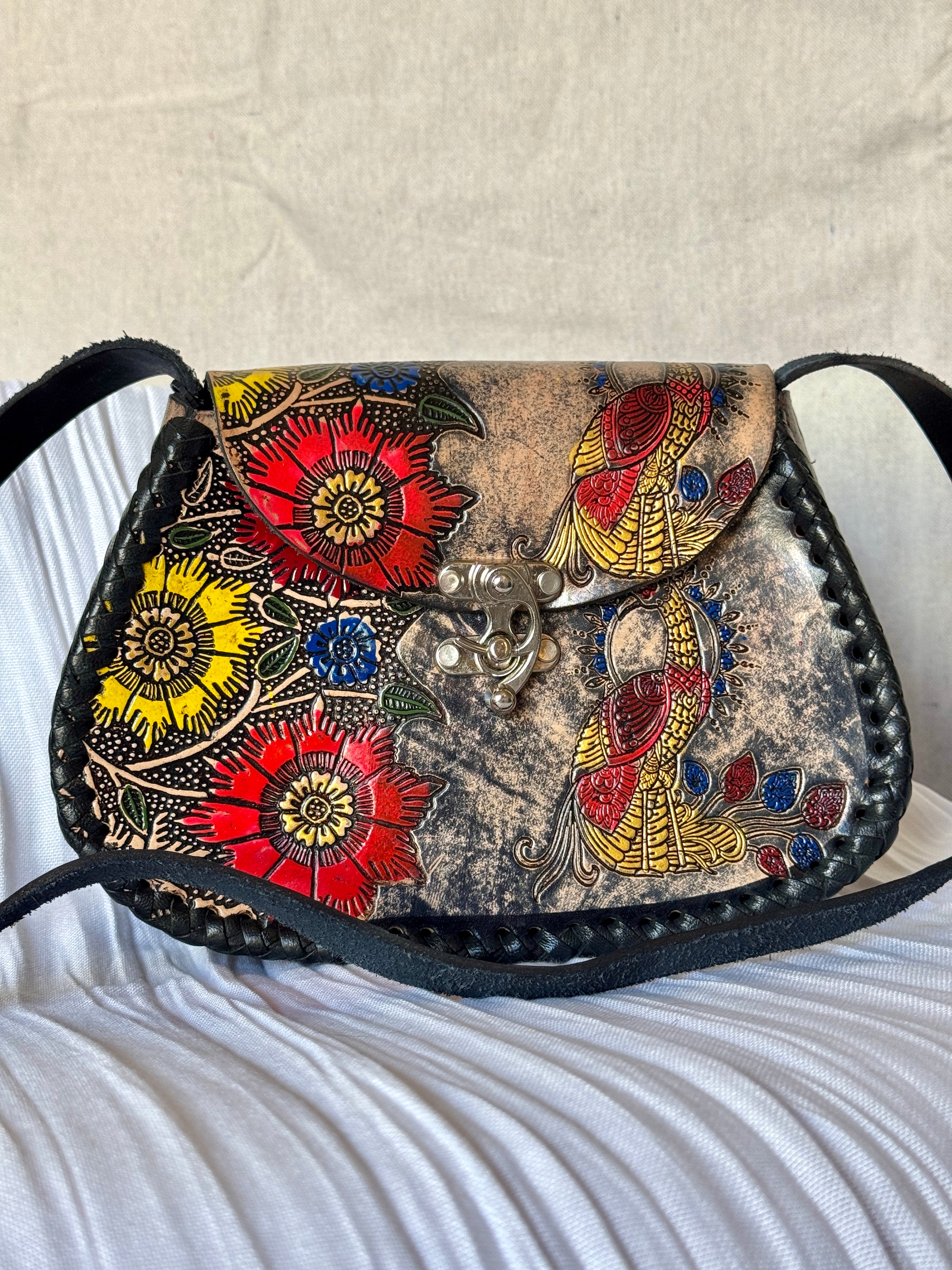 Black Leather Hand Tooled and Painted Peacock Flower Crossbody Bag