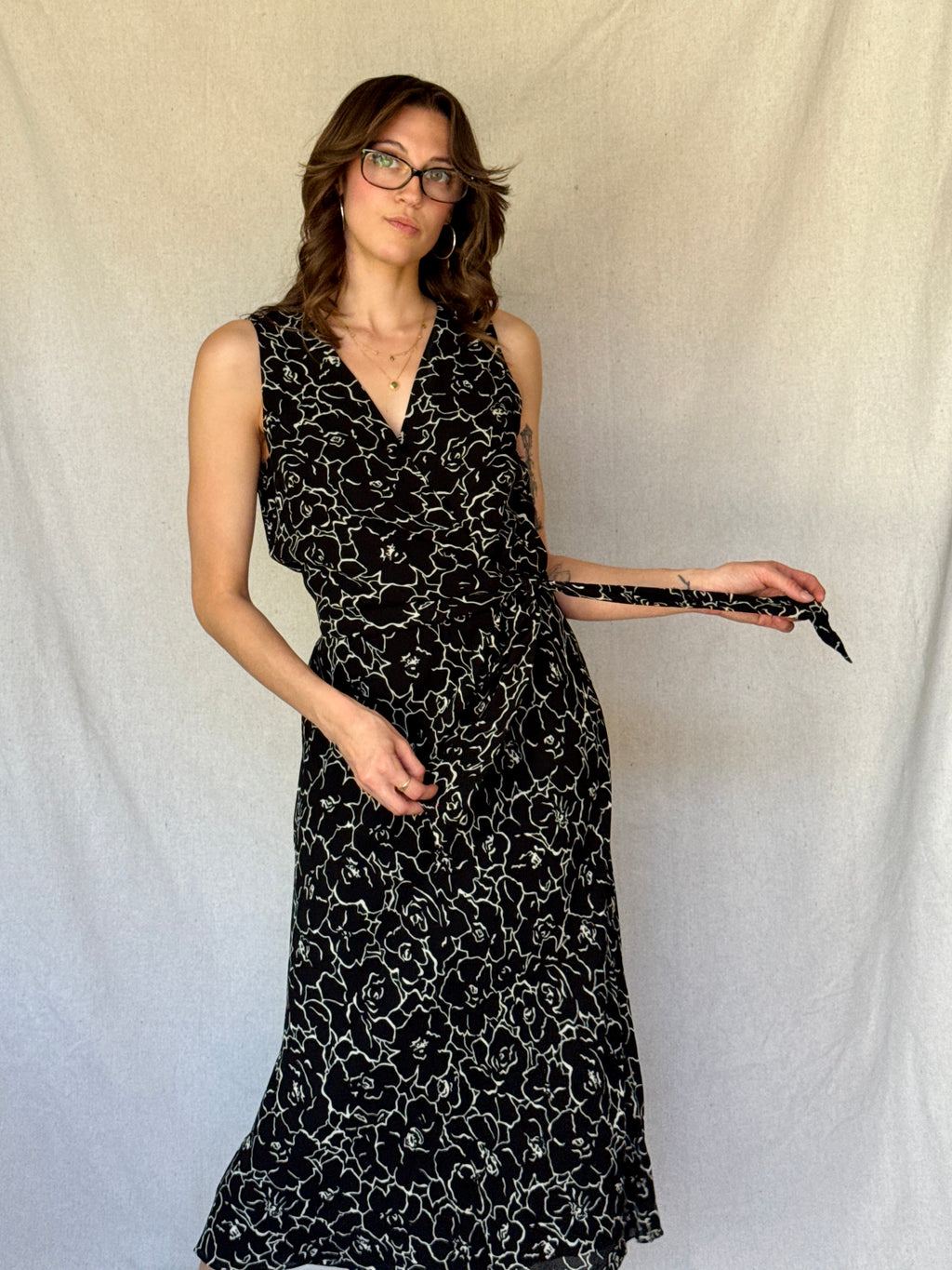 90s Black Floral Sleeveless Wrap Dress