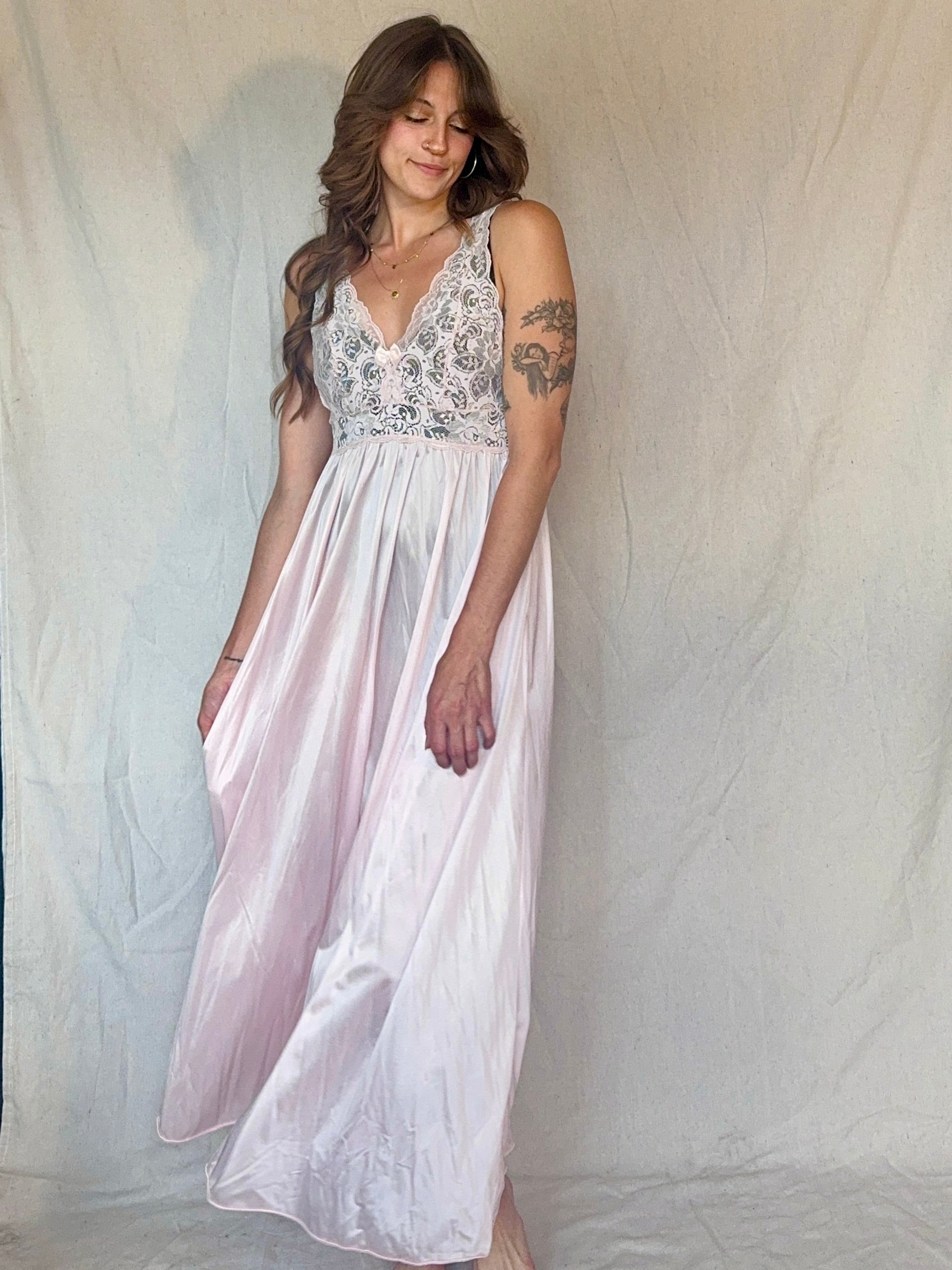 90s Baby Pink Nylon Lace Slip Dress – Soapbox Vintage