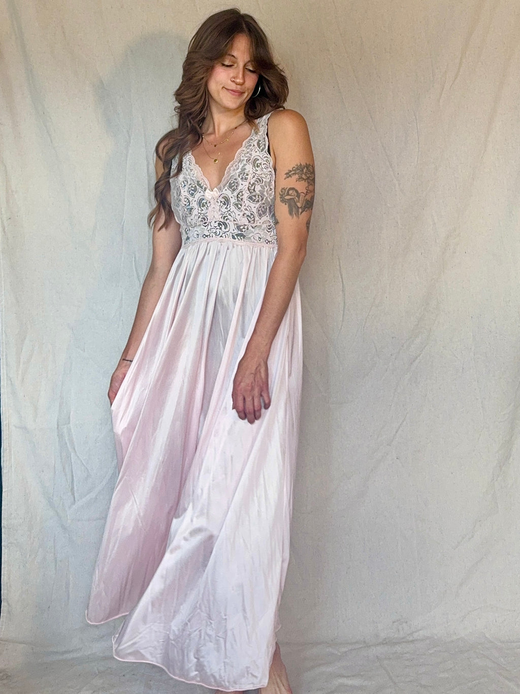 90s Baby Pink Nylon Lace Slip Dress