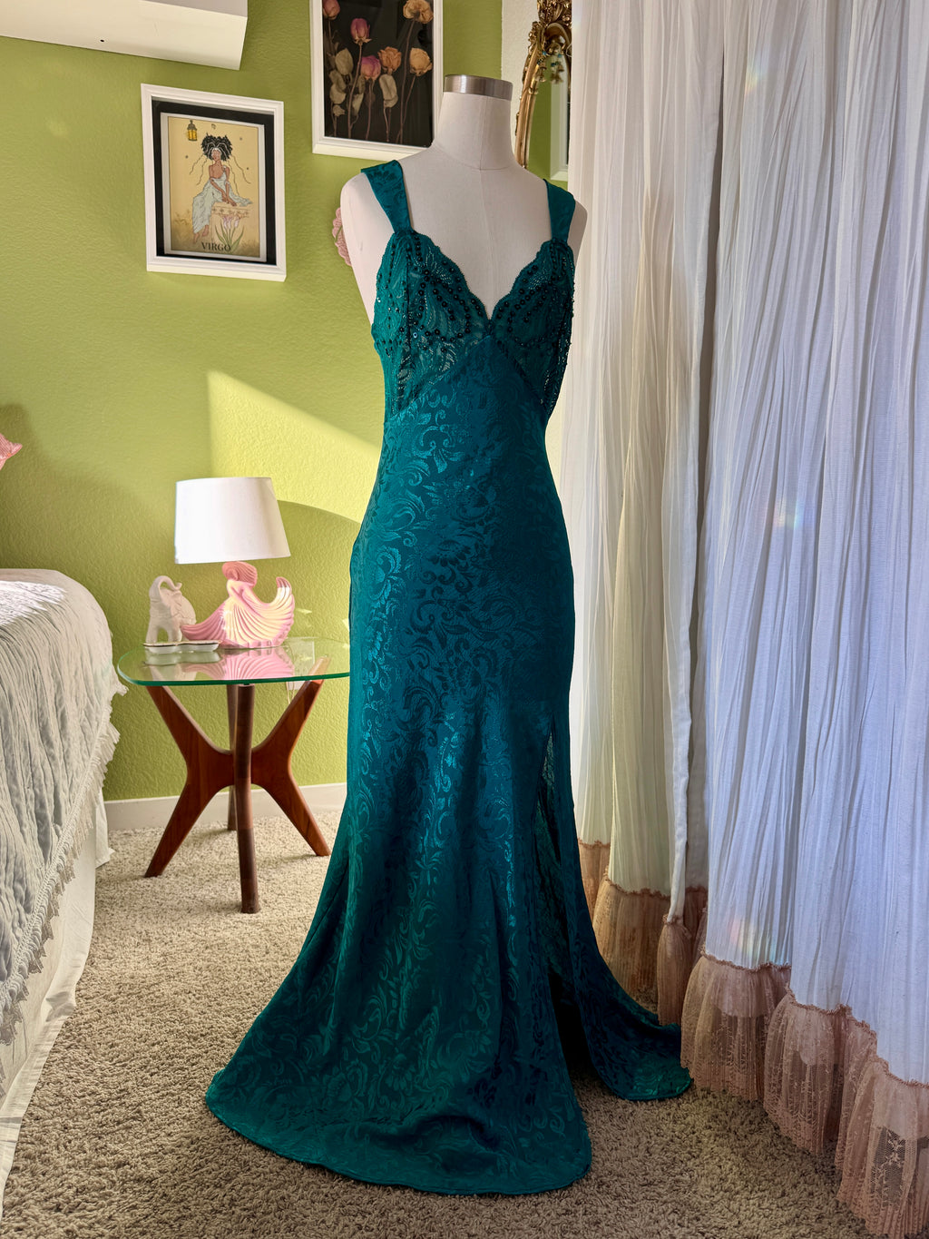 80s Emerald Green Victoria’s Secret Jacquard Beaded Lace Mermaid Slip Dress