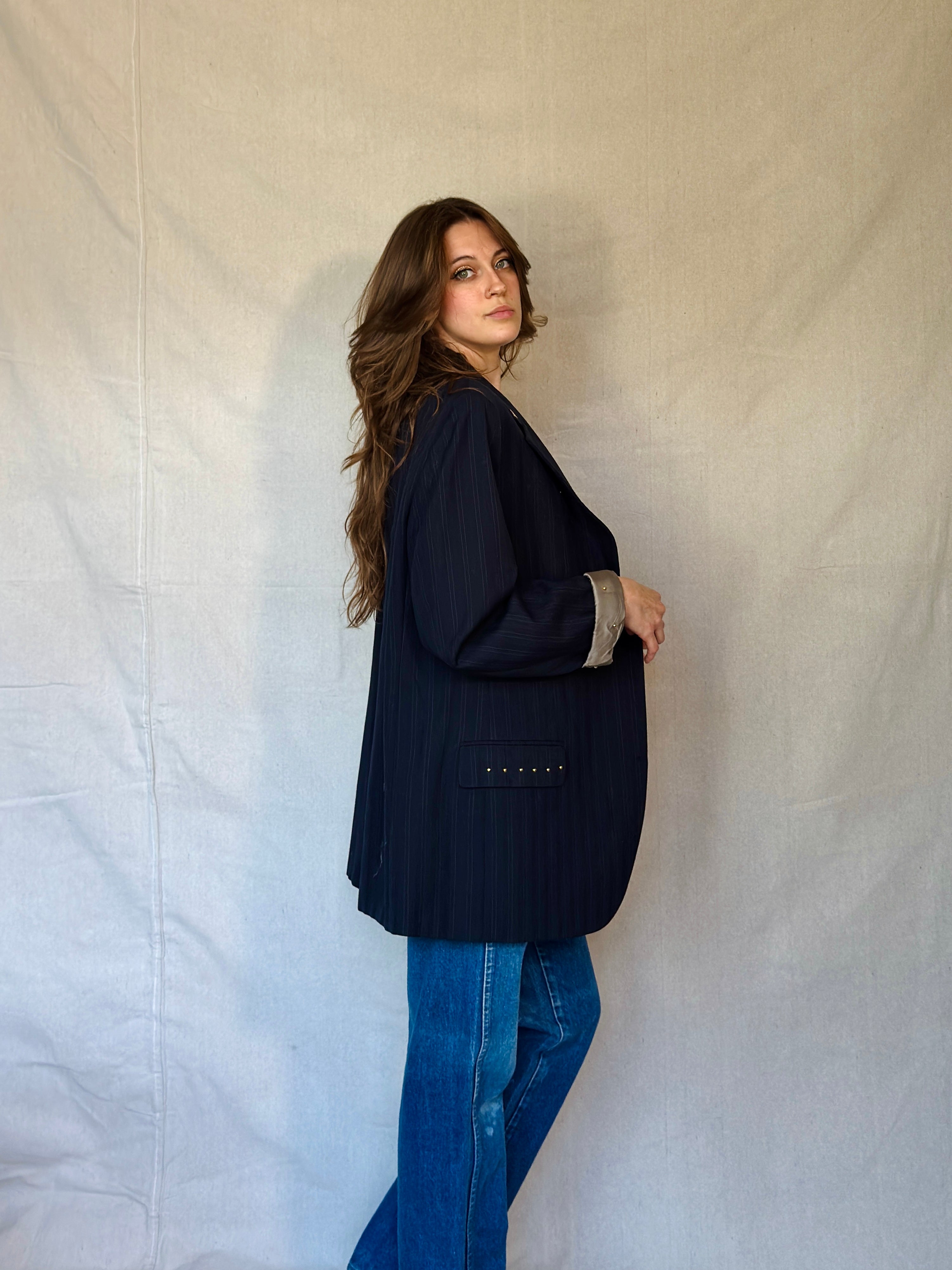 70s Star Studded Johnny Carson Navy Pinstripe Suit Jacket