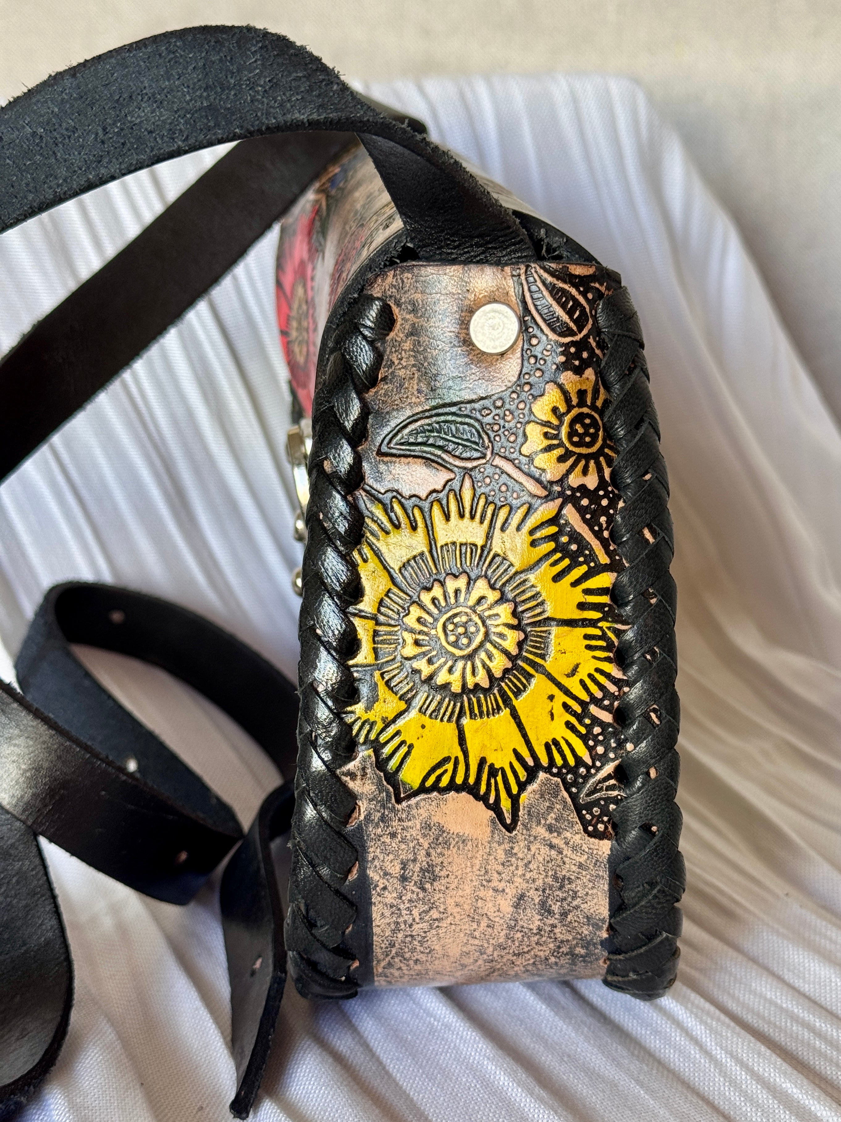 Black Leather Hand Tooled and Painted Peacock Flower Crossbody Bag