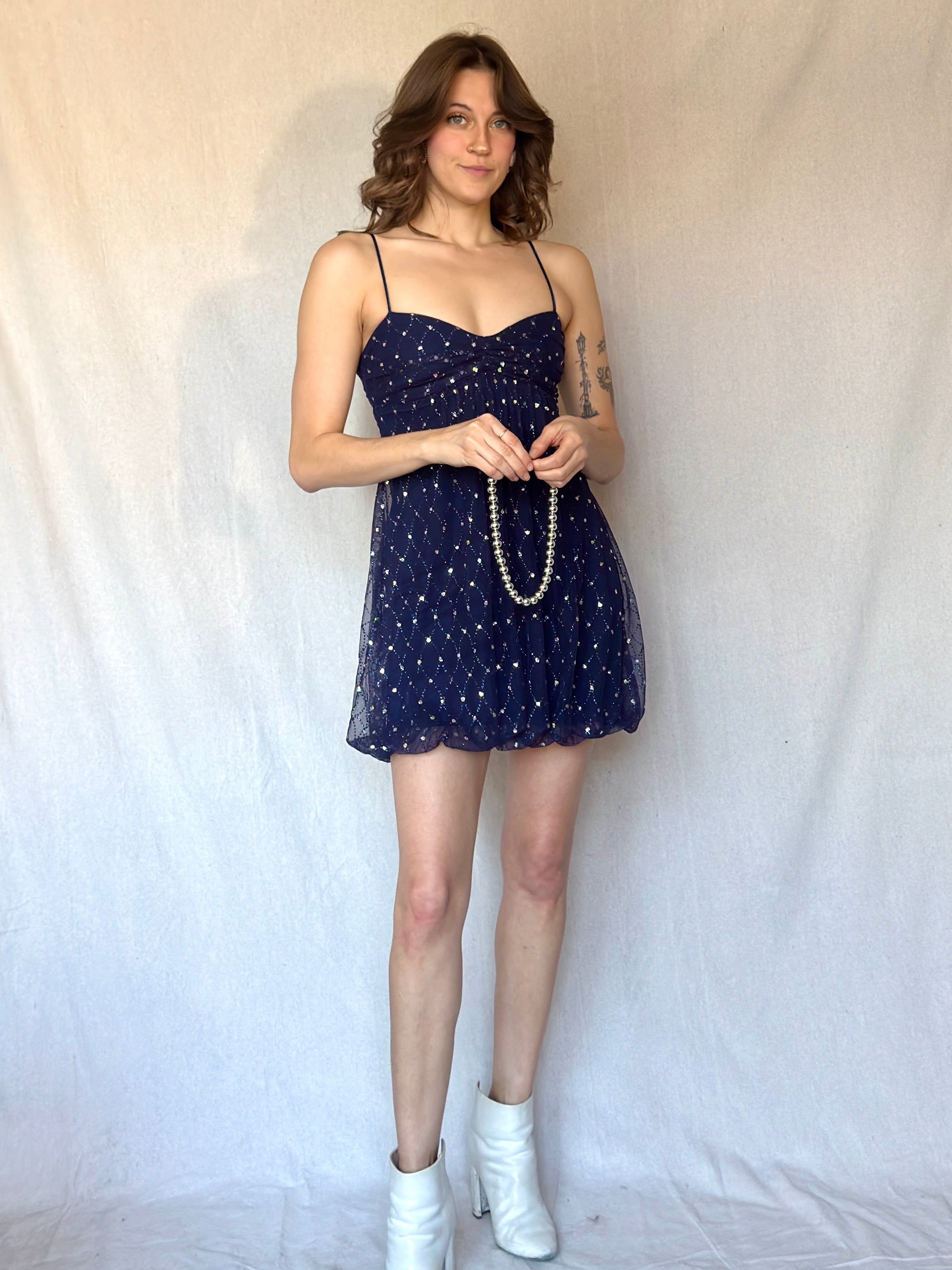 90s Strappy Navy Sequin Babydoll Dress