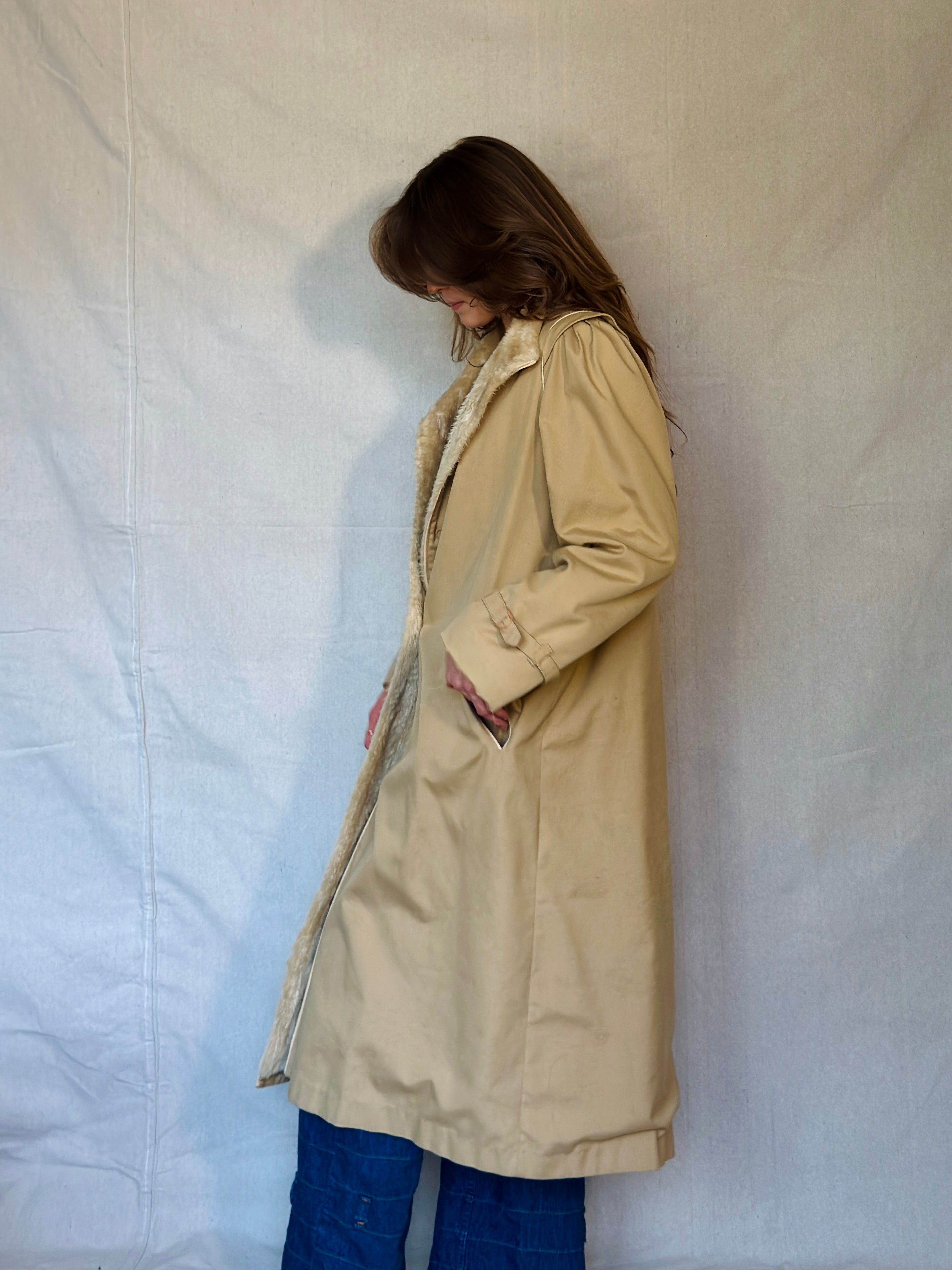 70s Tan Faux Shearling Trench Coat