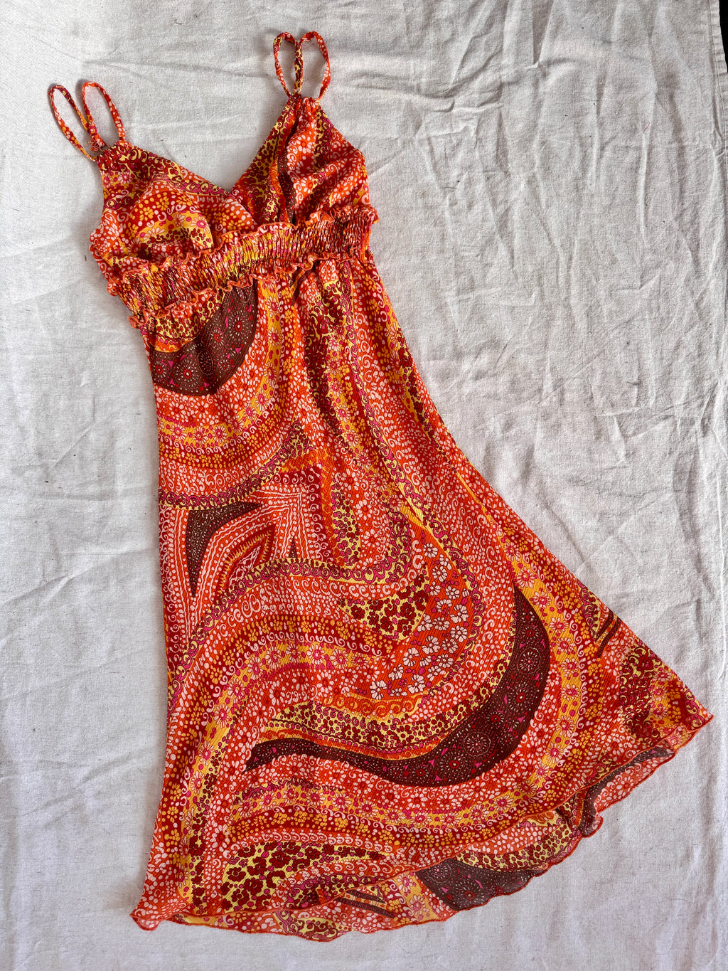 Orange Floral Swirl Ruffled Strappy Sundress (Modern)