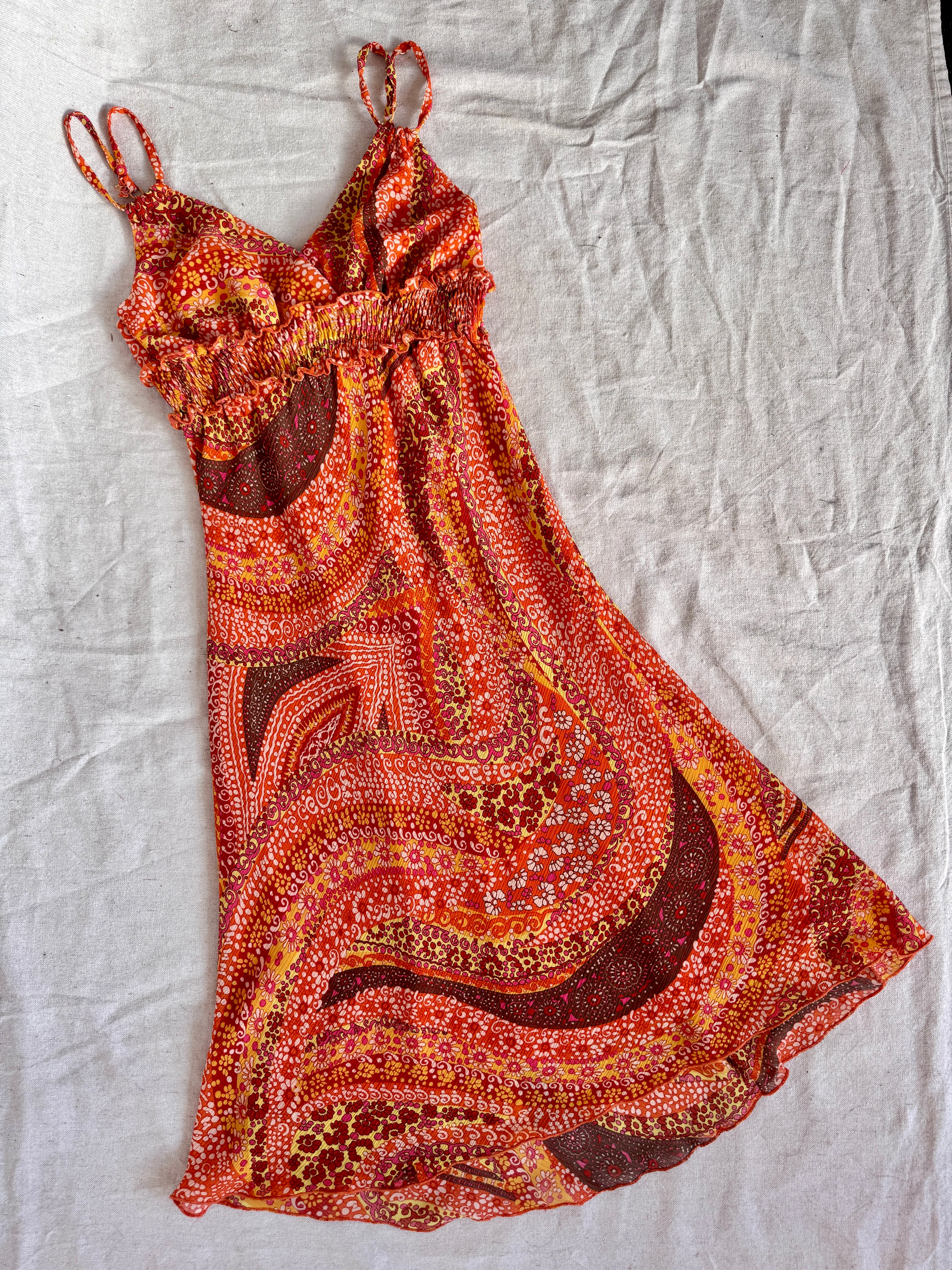 Orange Floral Swirl Ruffled Strappy Sundress (Modern)
