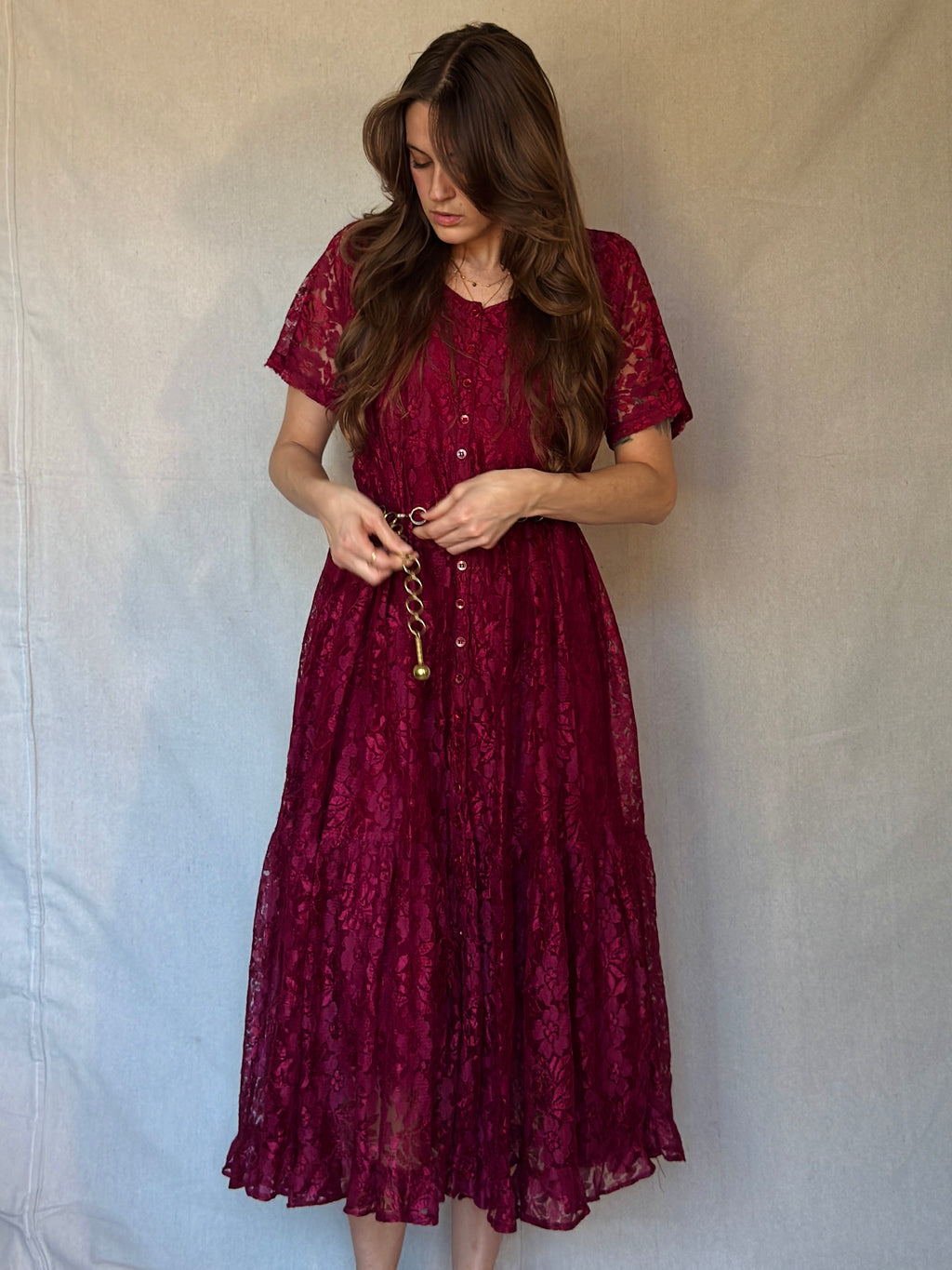 90s Maroon Lace Front Button Up Maxi Dress