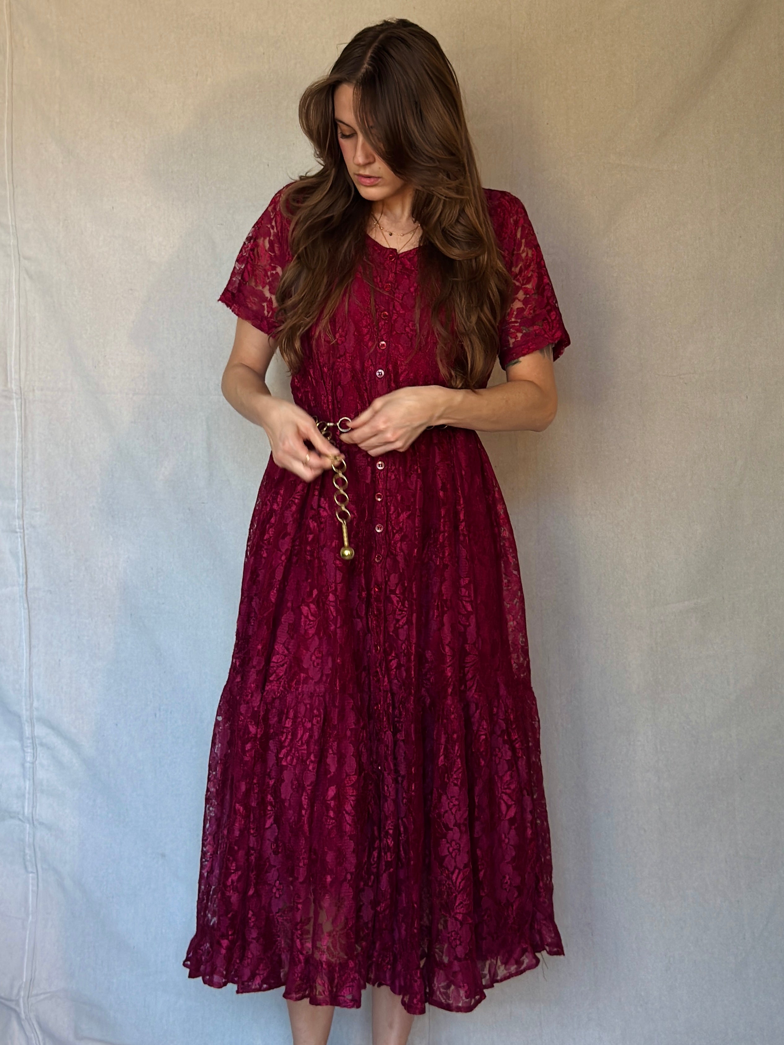 90s Maroon Lace Front Button Up Maxi Dress