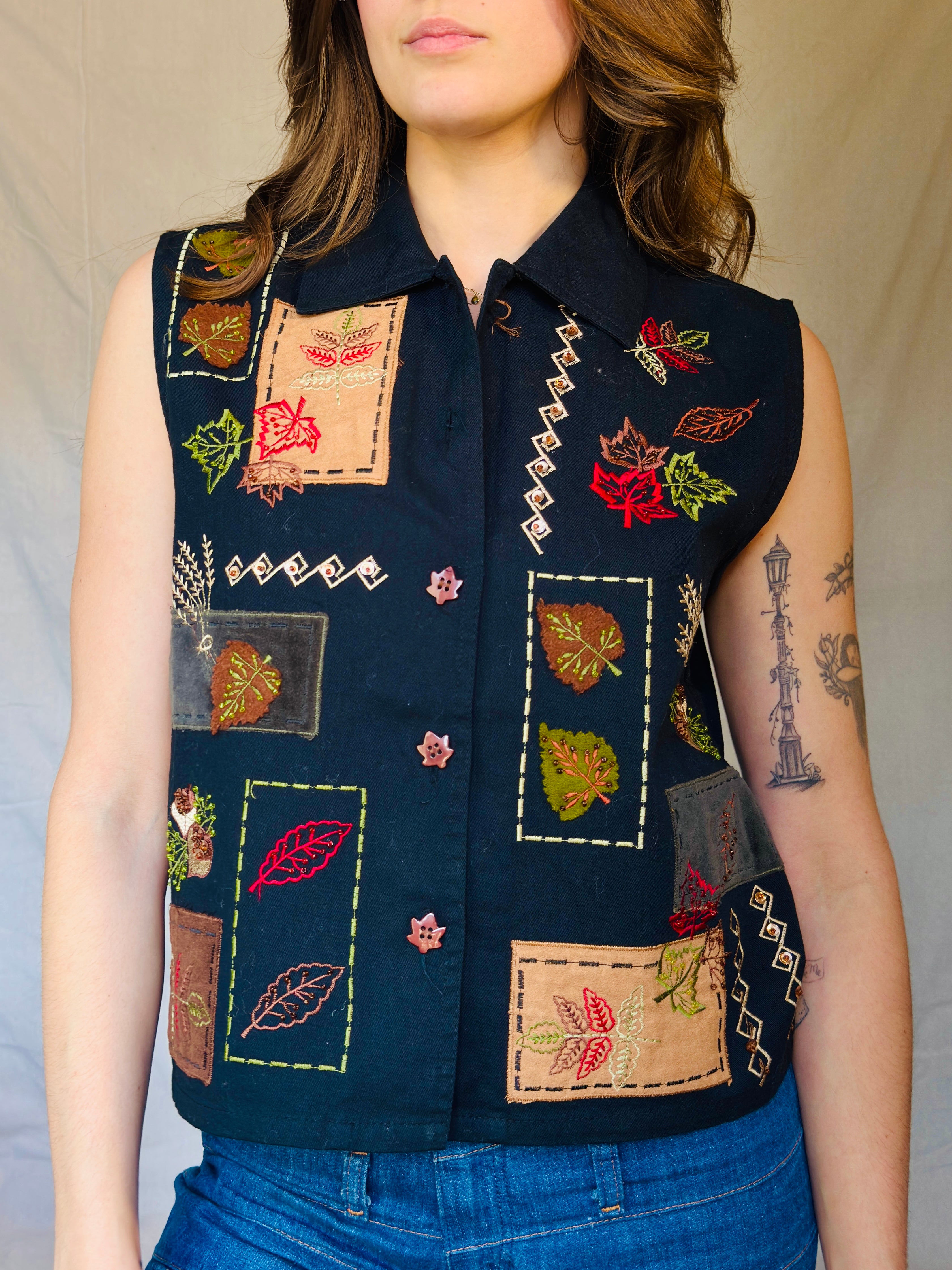 90s Black Fall Patchwork Button Up Vest