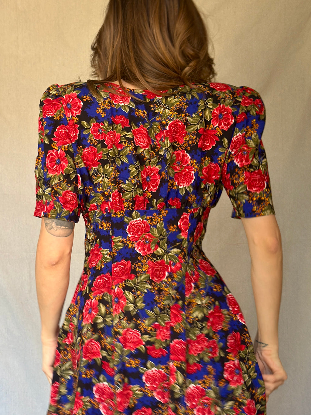 80s Blue Floral Print Button Dress