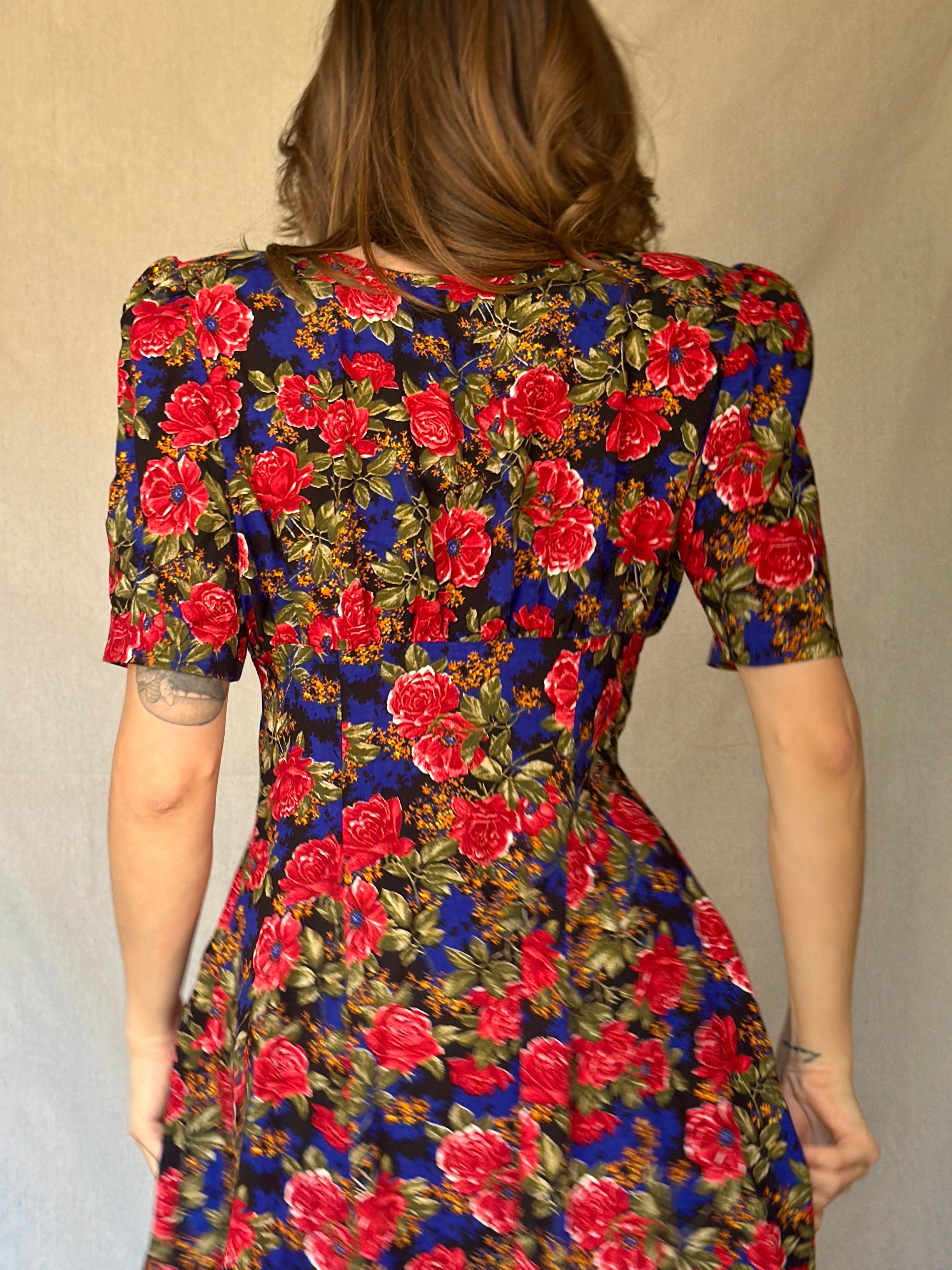 80s Blue Floral Print Button Dress