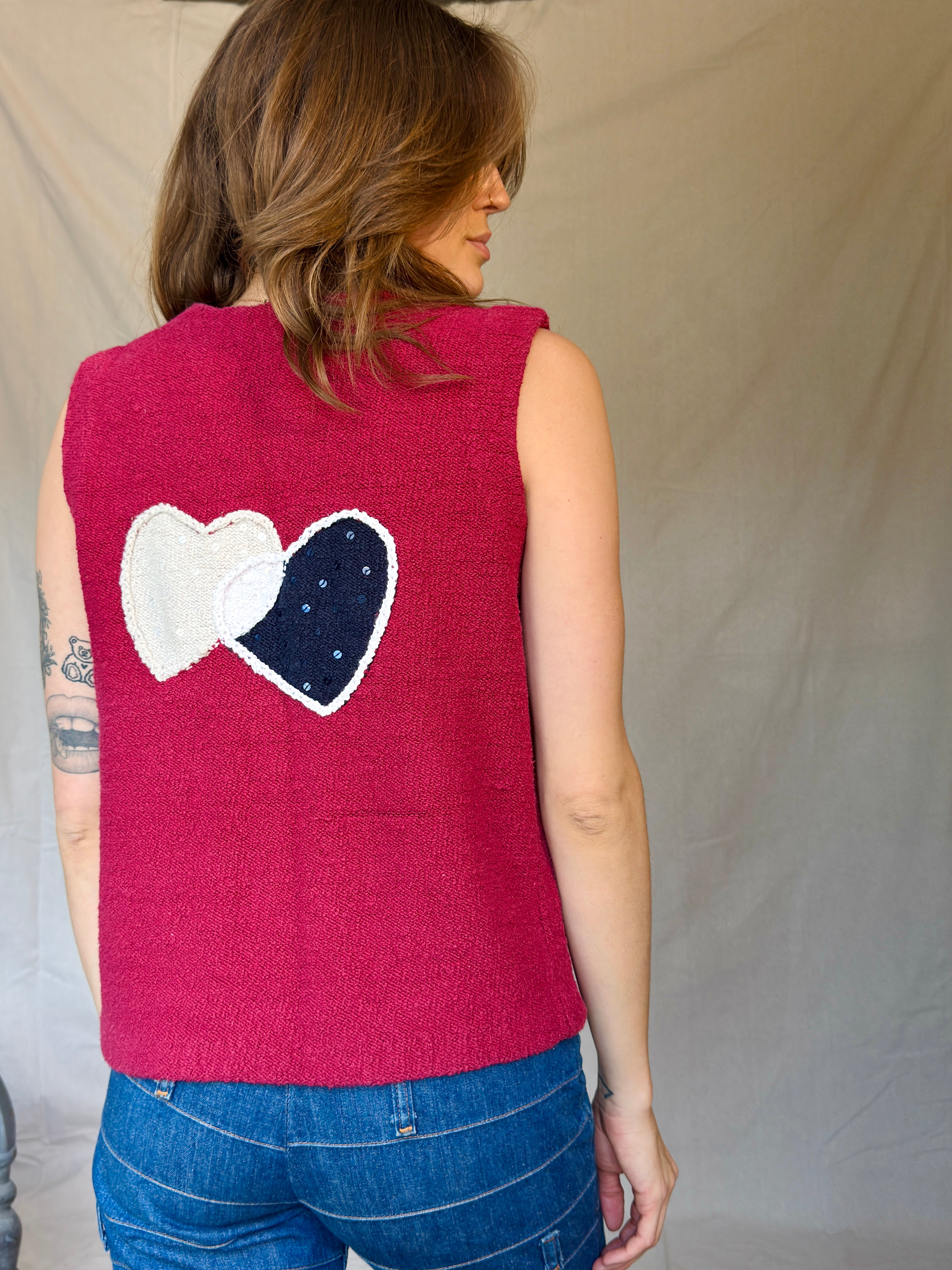 Y2K Red Cotton Knit Heart Sweater Vest