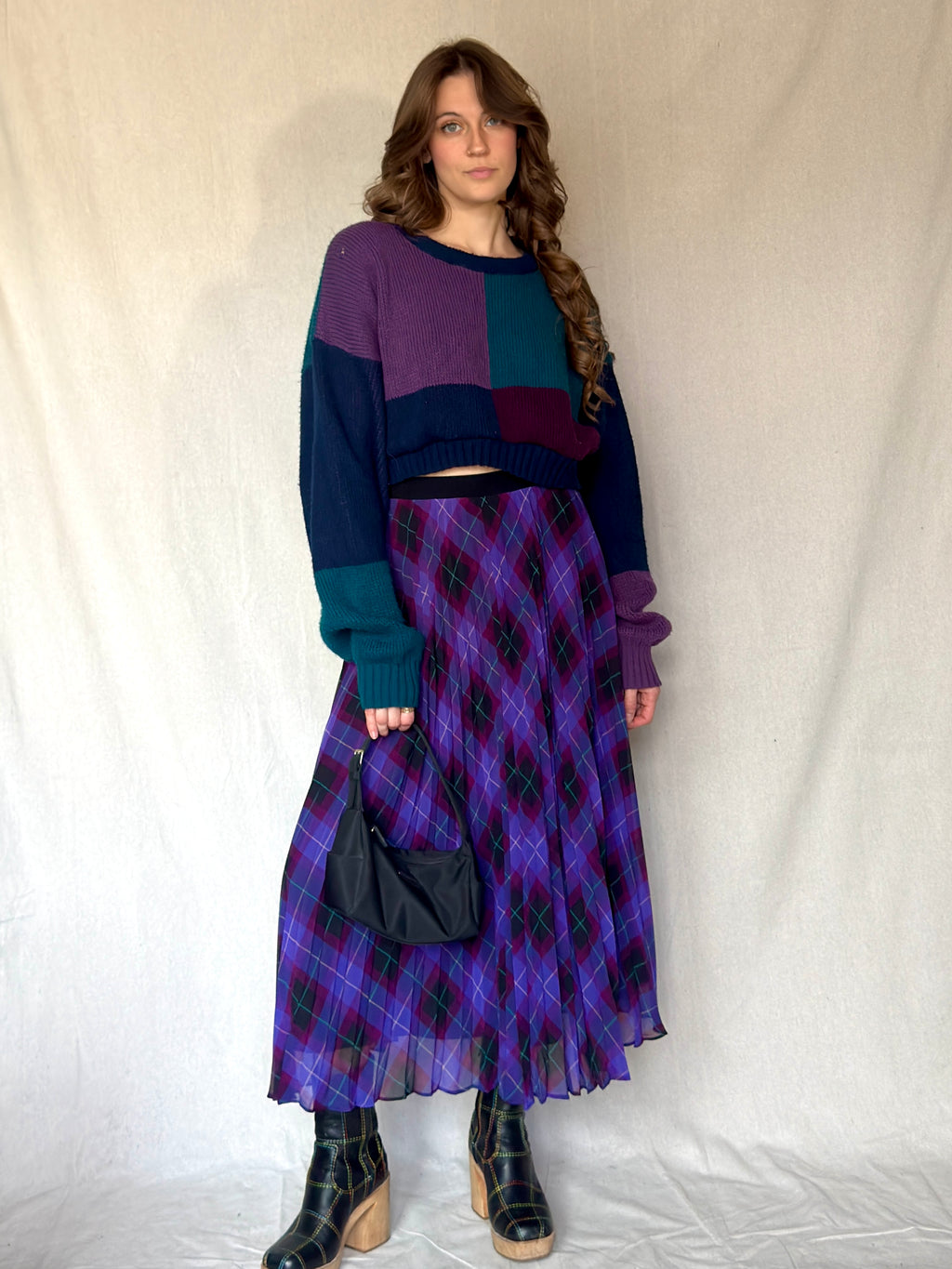 Y2K Purple Argyle Print Pleated Maxi Skirt