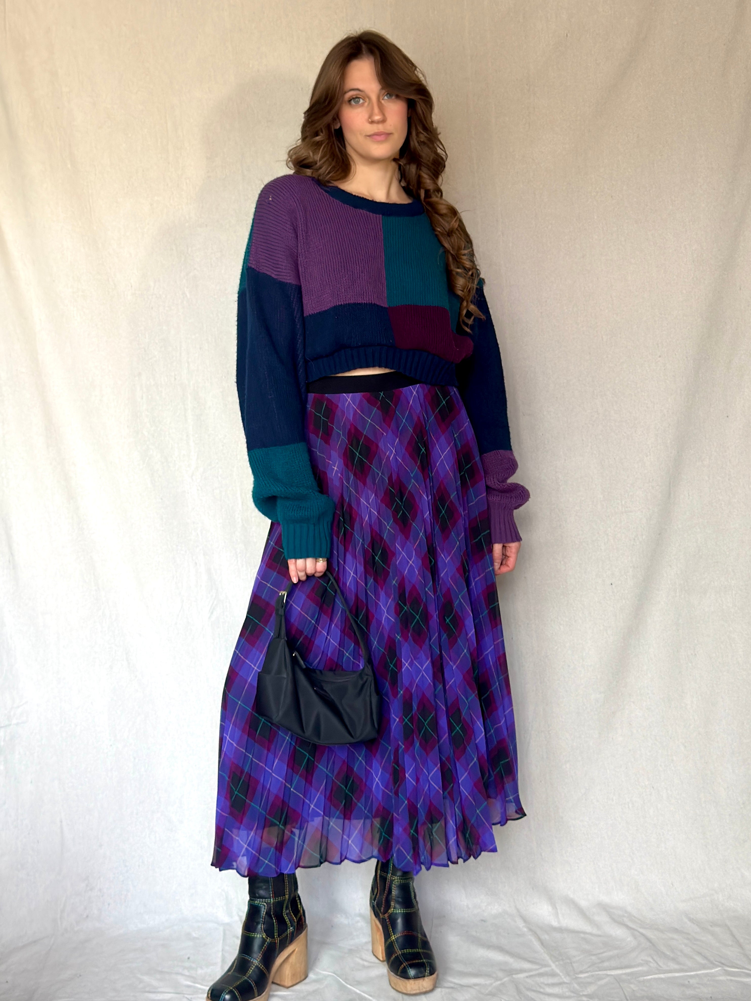 Y2K Purple Argyle Print Pleated Maxi Skirt