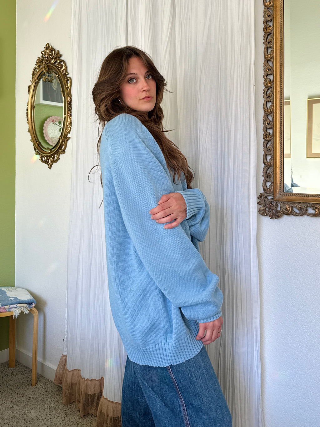 Vintage Lands Ends Cotton Powder Blue Grandpa Sweater