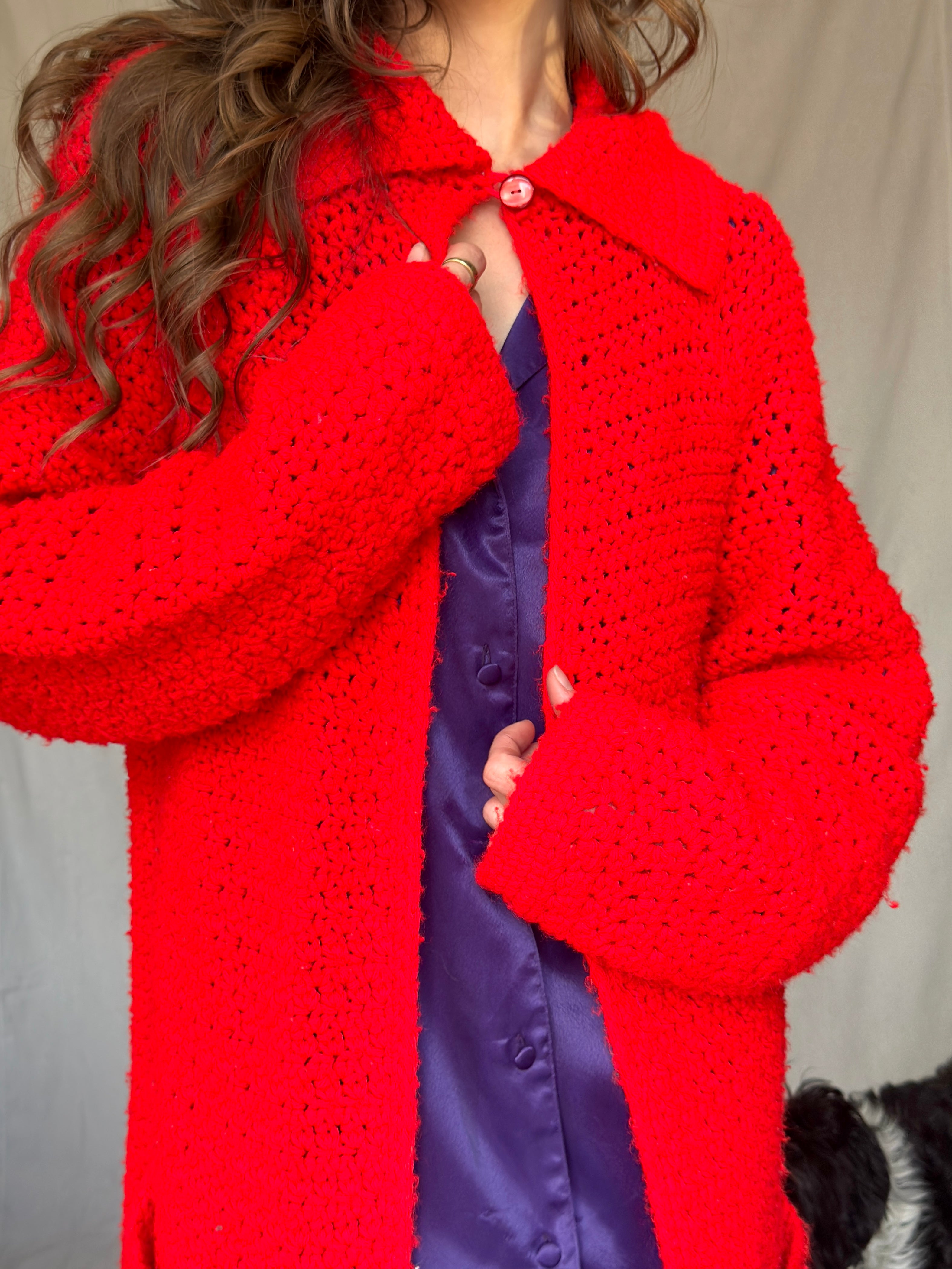 Bright Red Chunky Cardigan Sweater