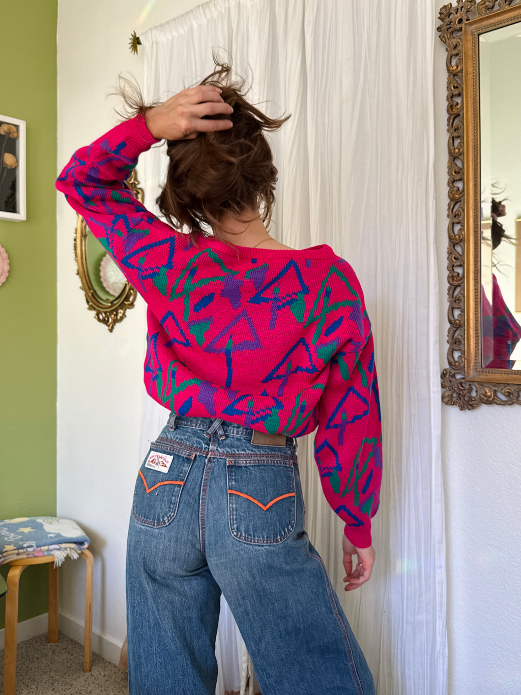 70s Hot Pink Abstract Tree Print Sweater