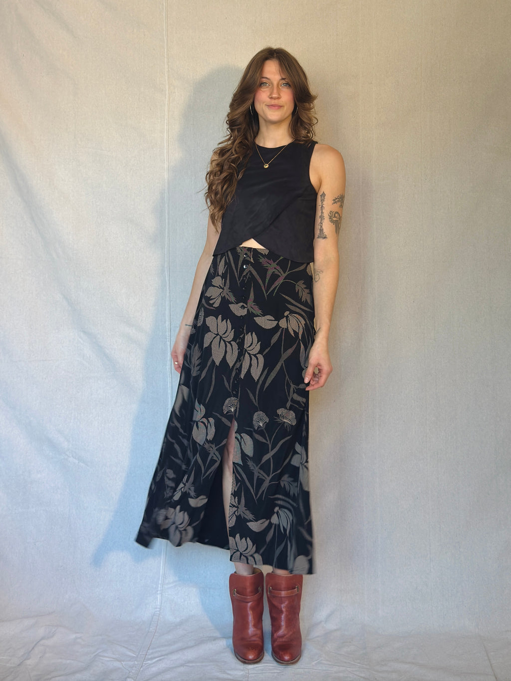 90's Black Floral Button Front Midi Skirt