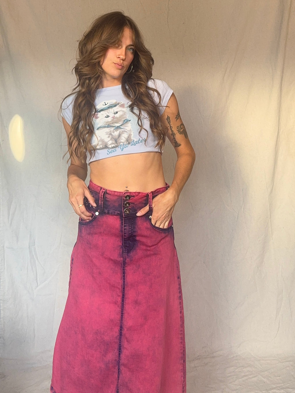 90s/Y2K Pink Whimsigoth Bleach Dye Embroidered Midi Skirt