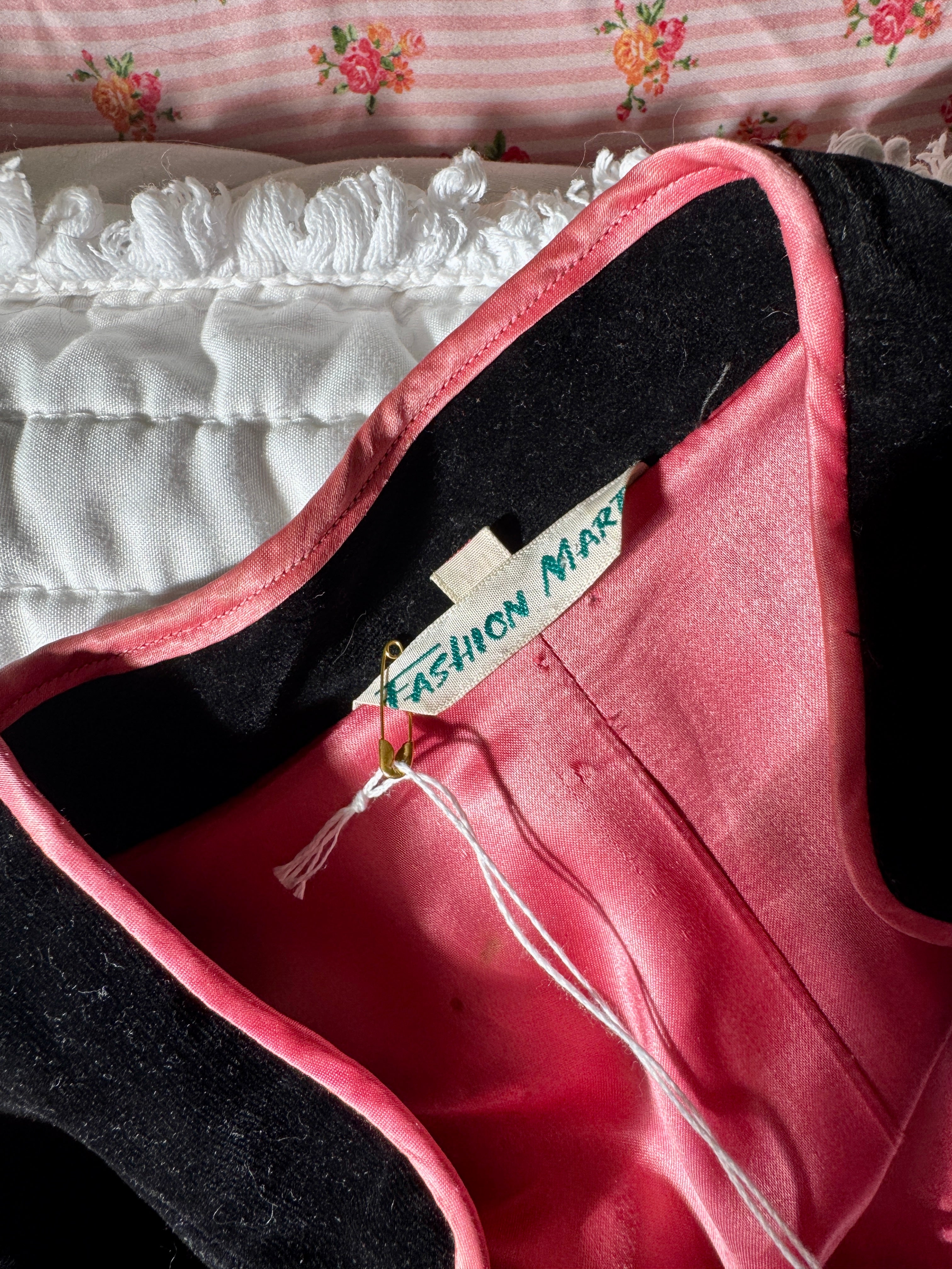 50s Black Velvet Pink Lined Smoking Jacket Duster Coat