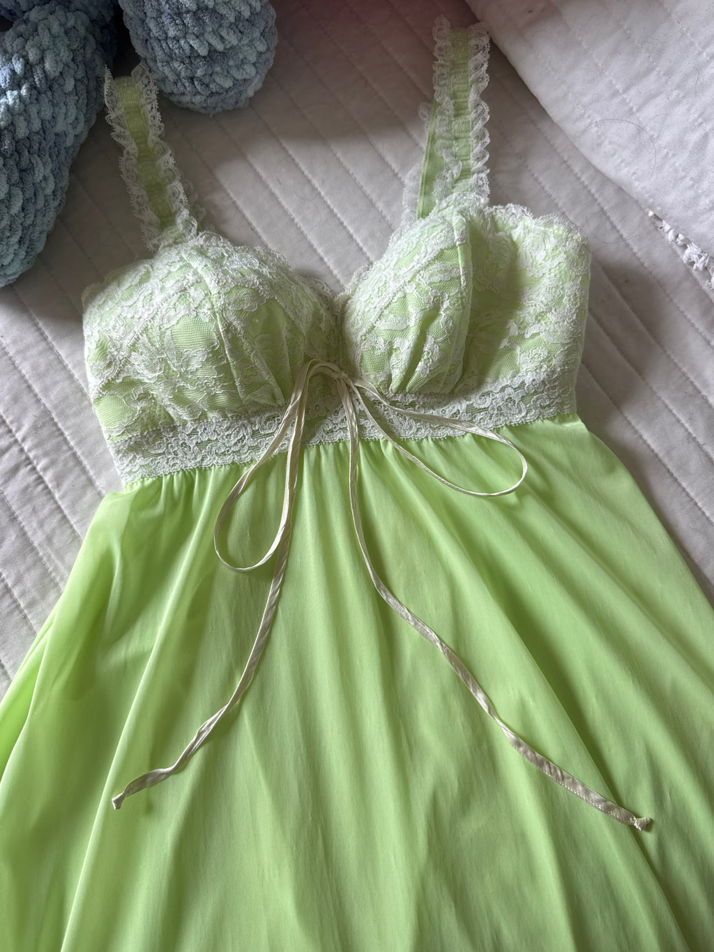 60s/70s Key Lime Green Nylon Lace Neglige Slip Dress