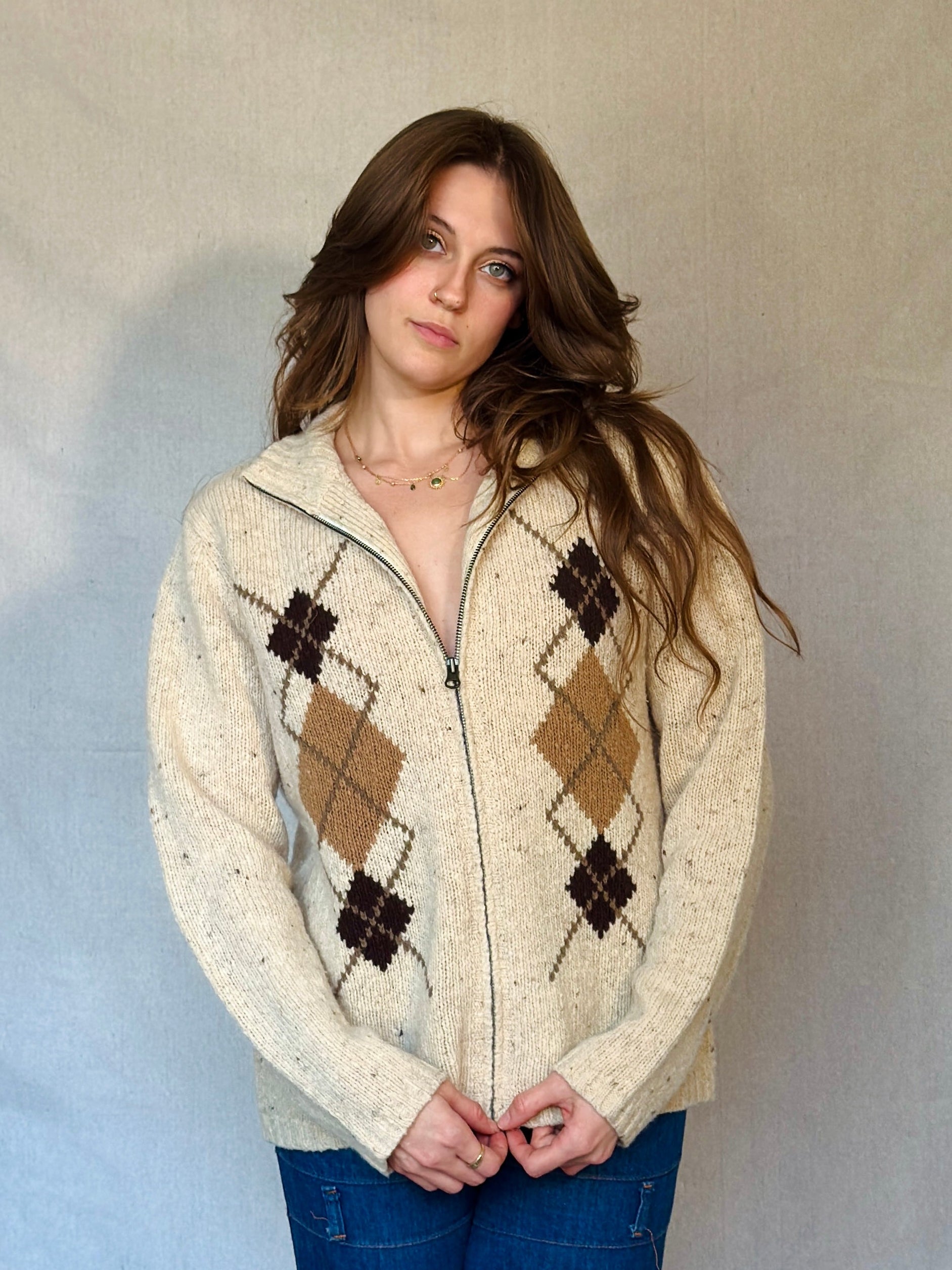 Vintage Brown Wool Argyle Sweater Cardigan
