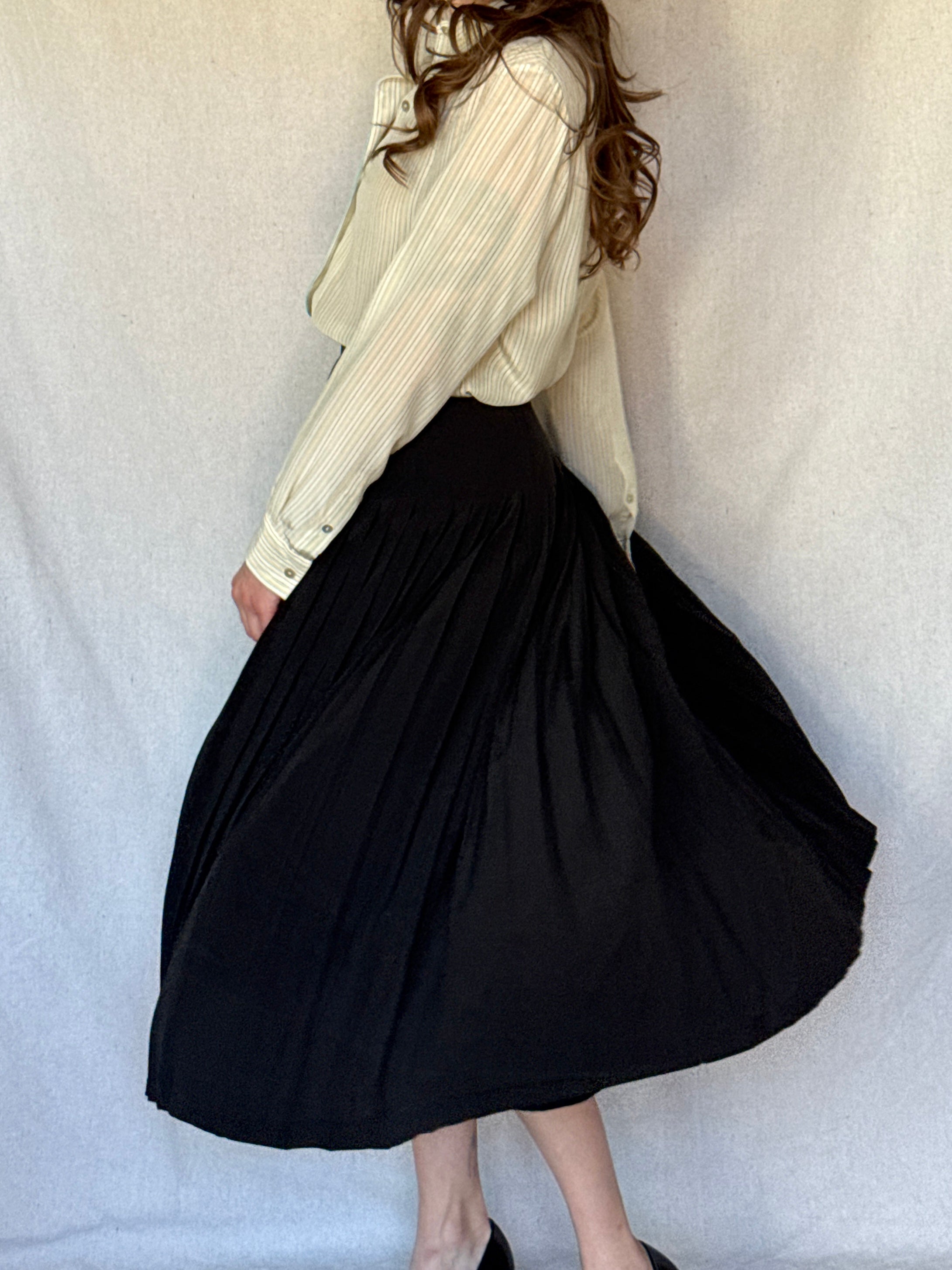 70s St. Martin Black Silk Pleated Midi Skirt