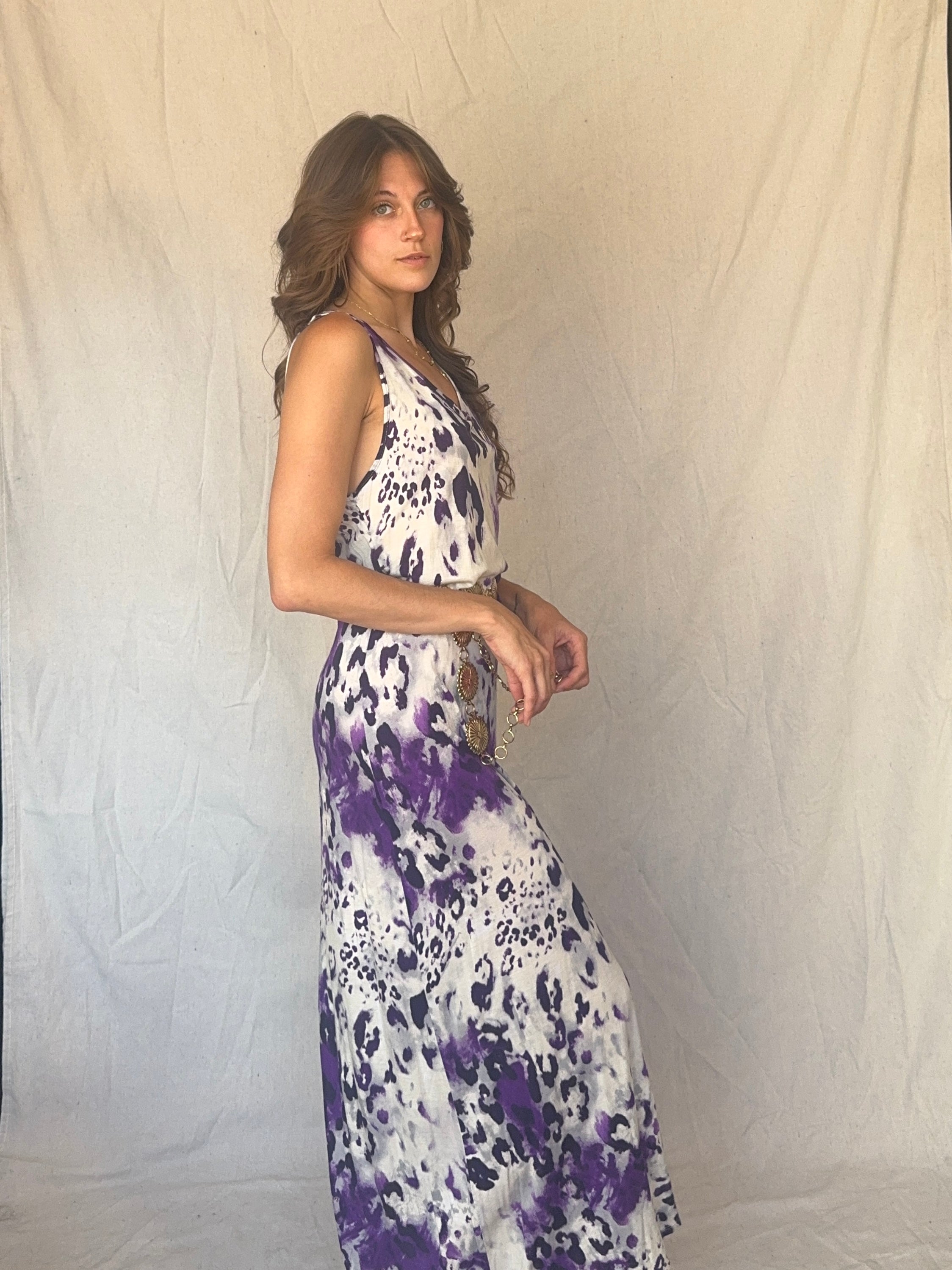 90s Purple Leopard Print Maxi Slip Dress