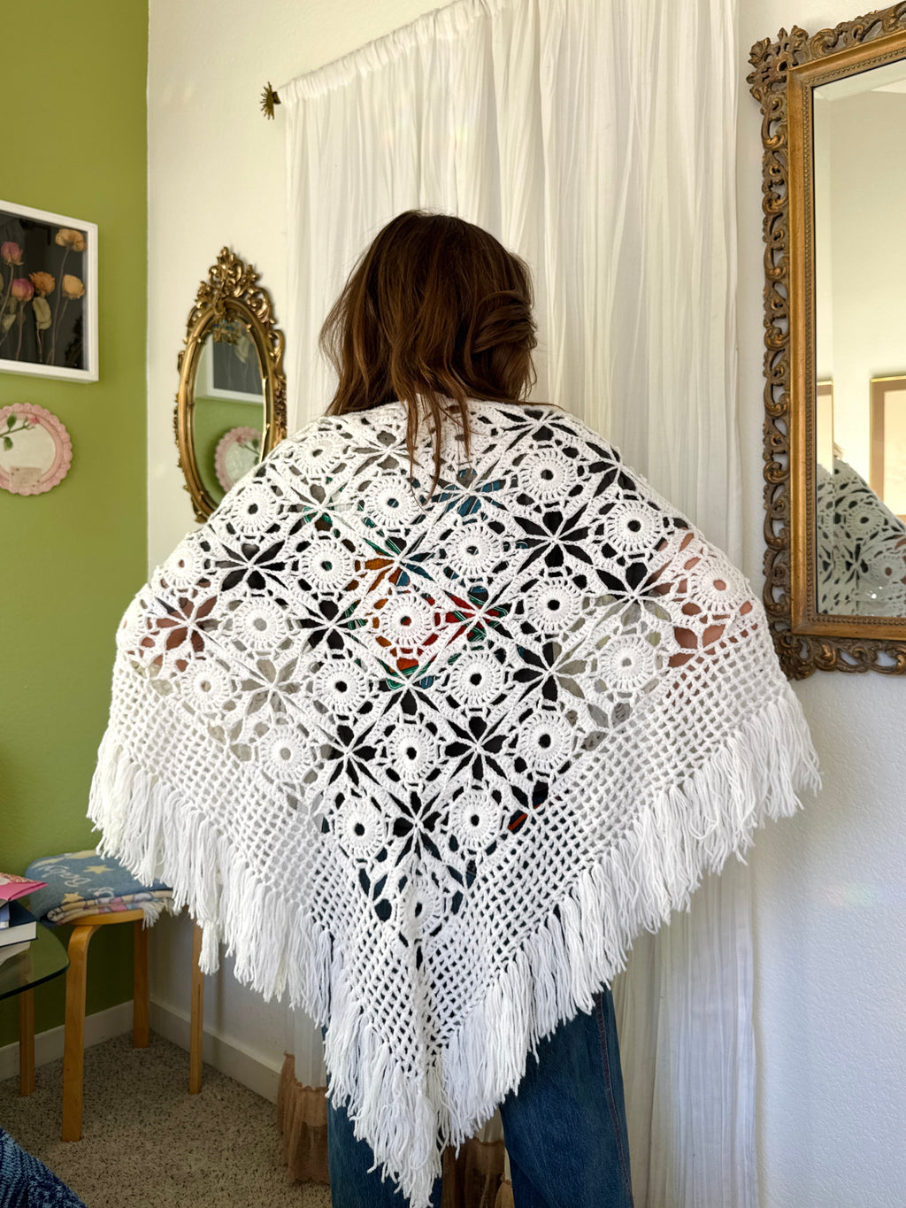 Vintage White Fringe Crochet Cottagecore Shawl