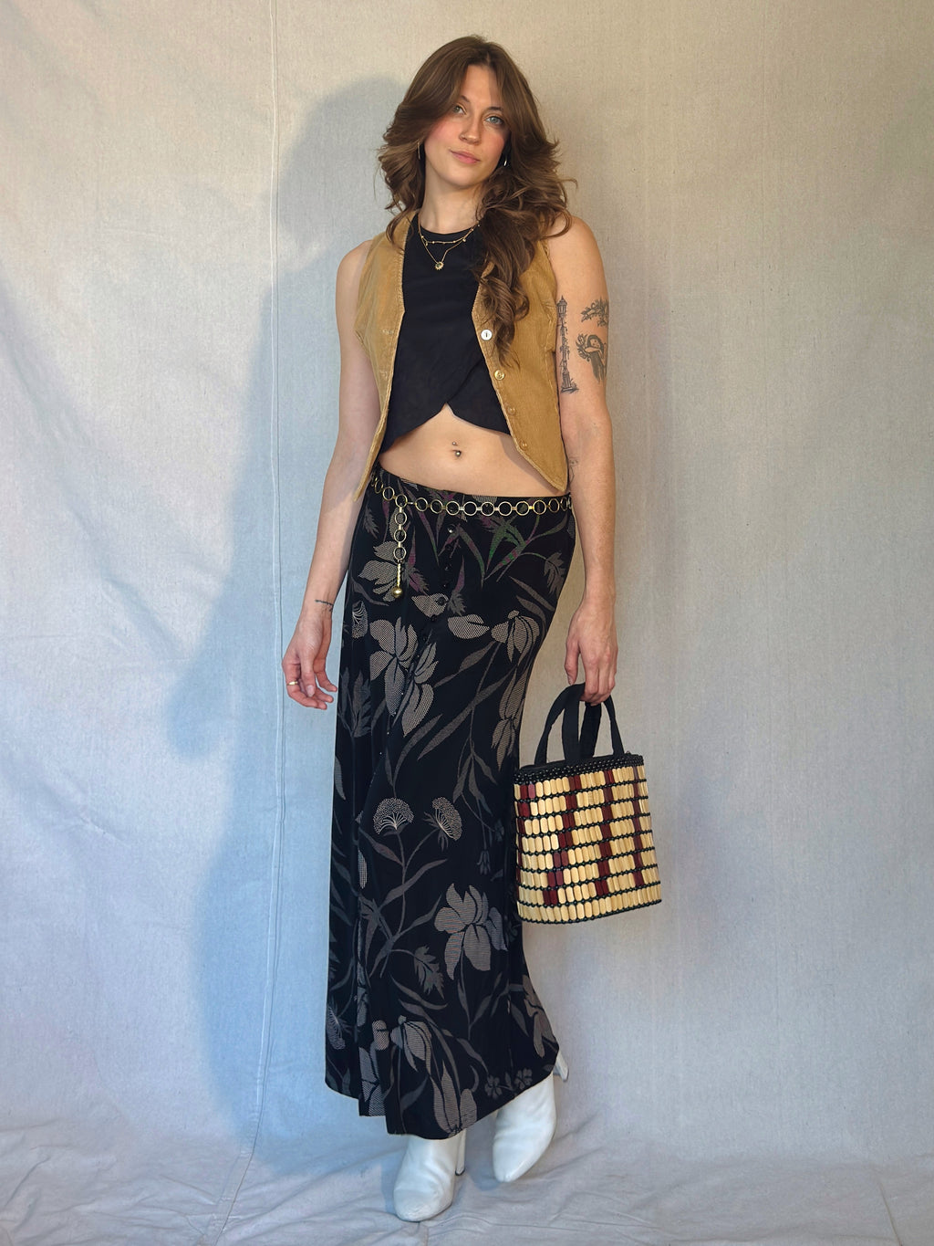 90's Black Floral Button Front Midi Skirt