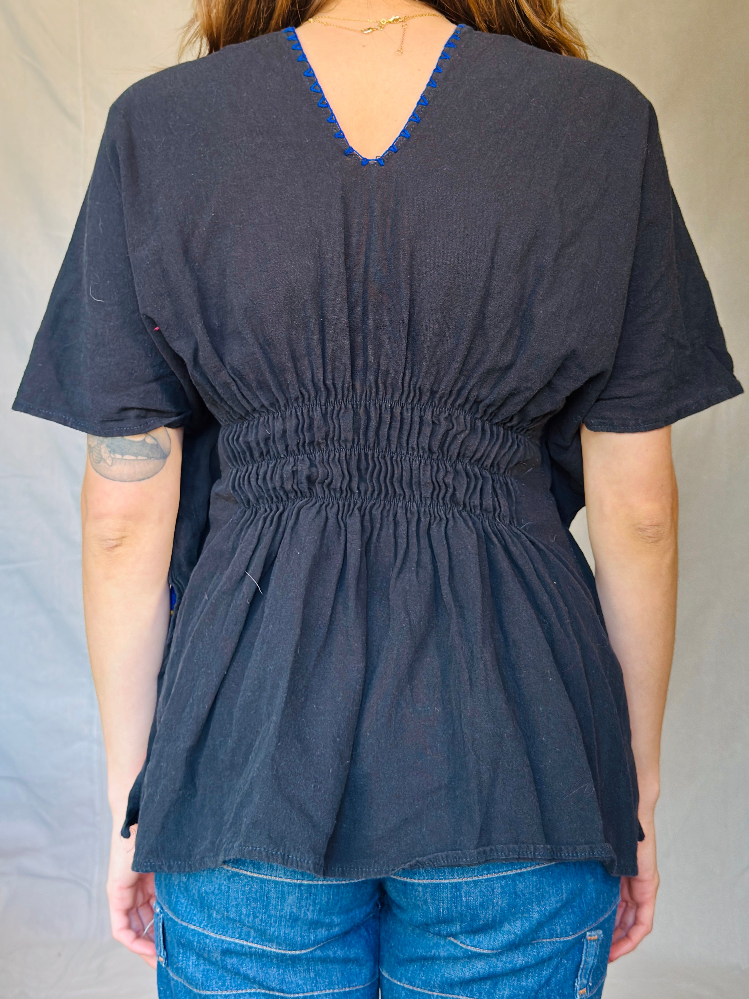 Black Hand Embroidered Babydoll Blouse