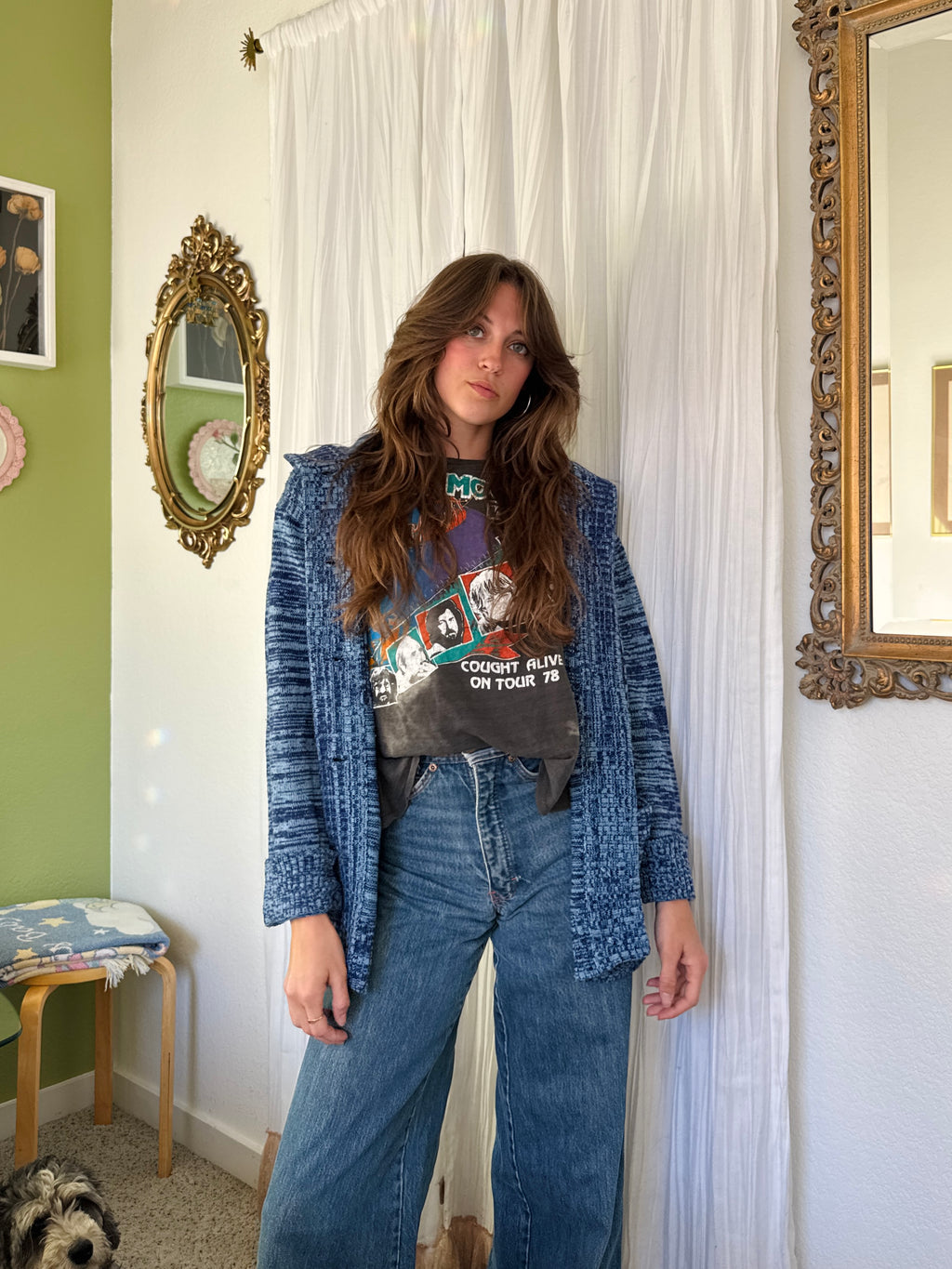 70s Blue Space Dye Hooded Toggle Sweater