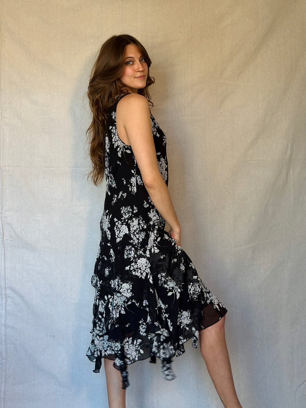 Vintage Black & White Floral Ruffle Dress