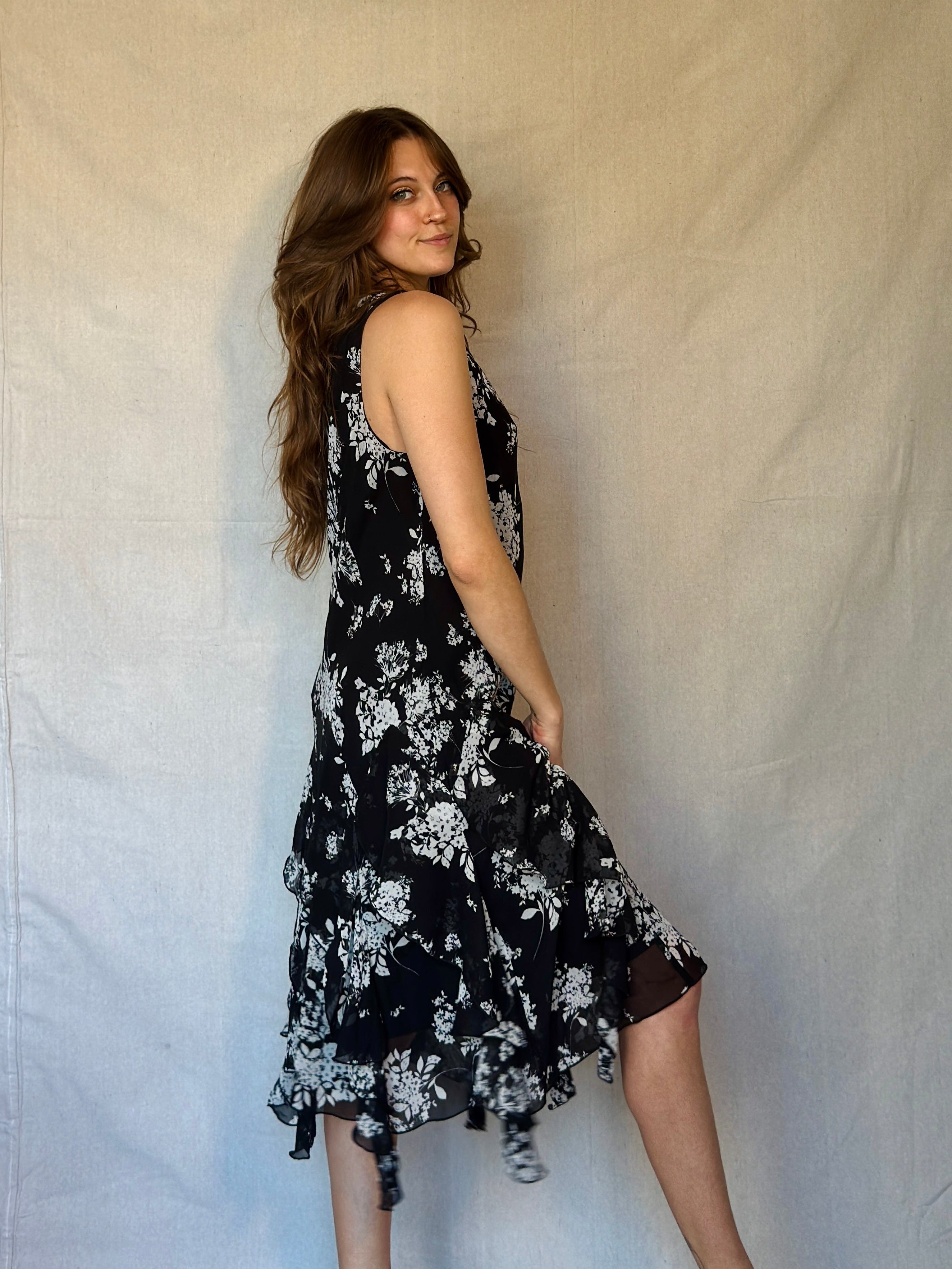 Vintage Black & White Floral Ruffle Dress
