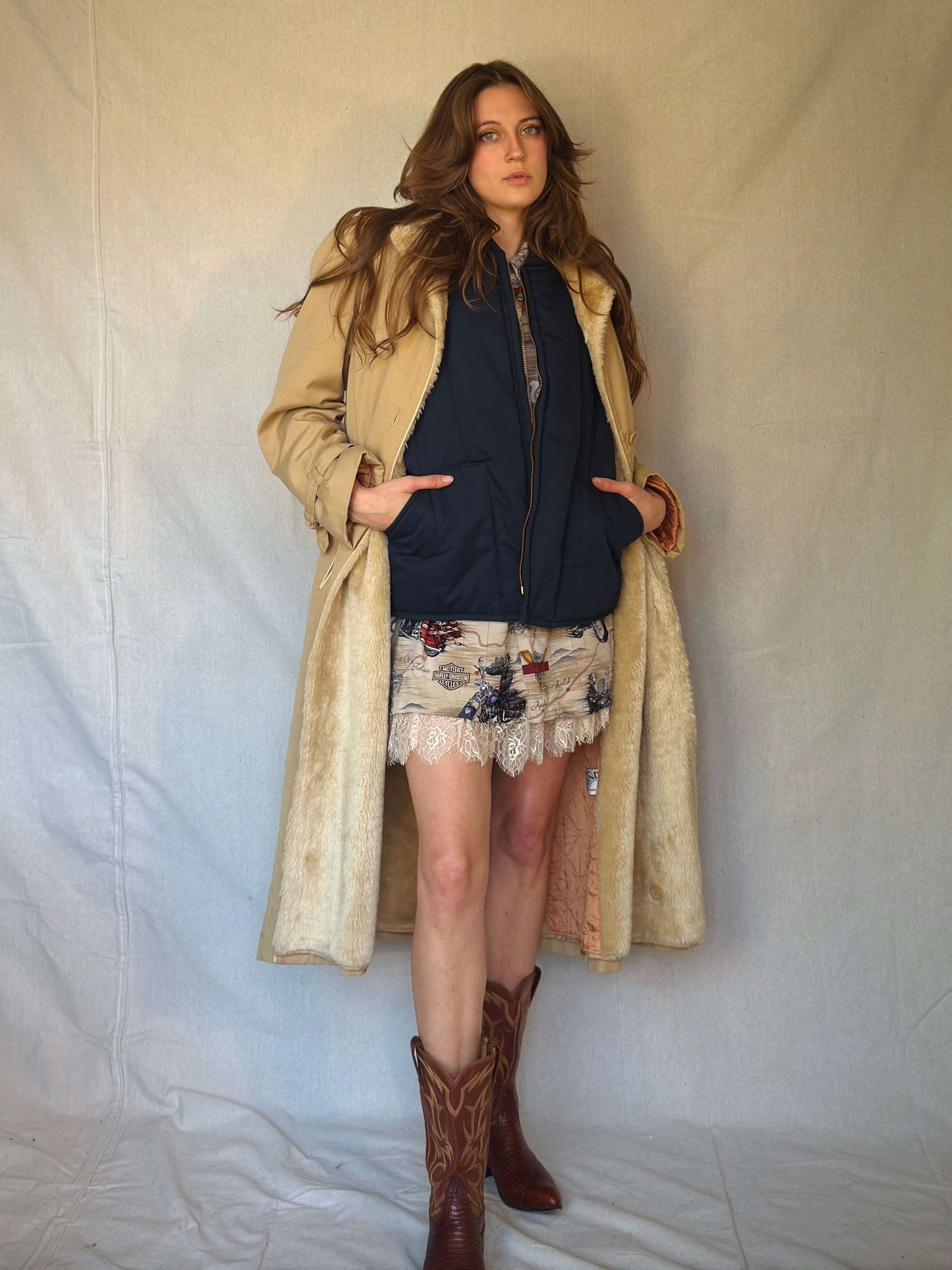 70s Tan Faux Shearling Trench Coat
