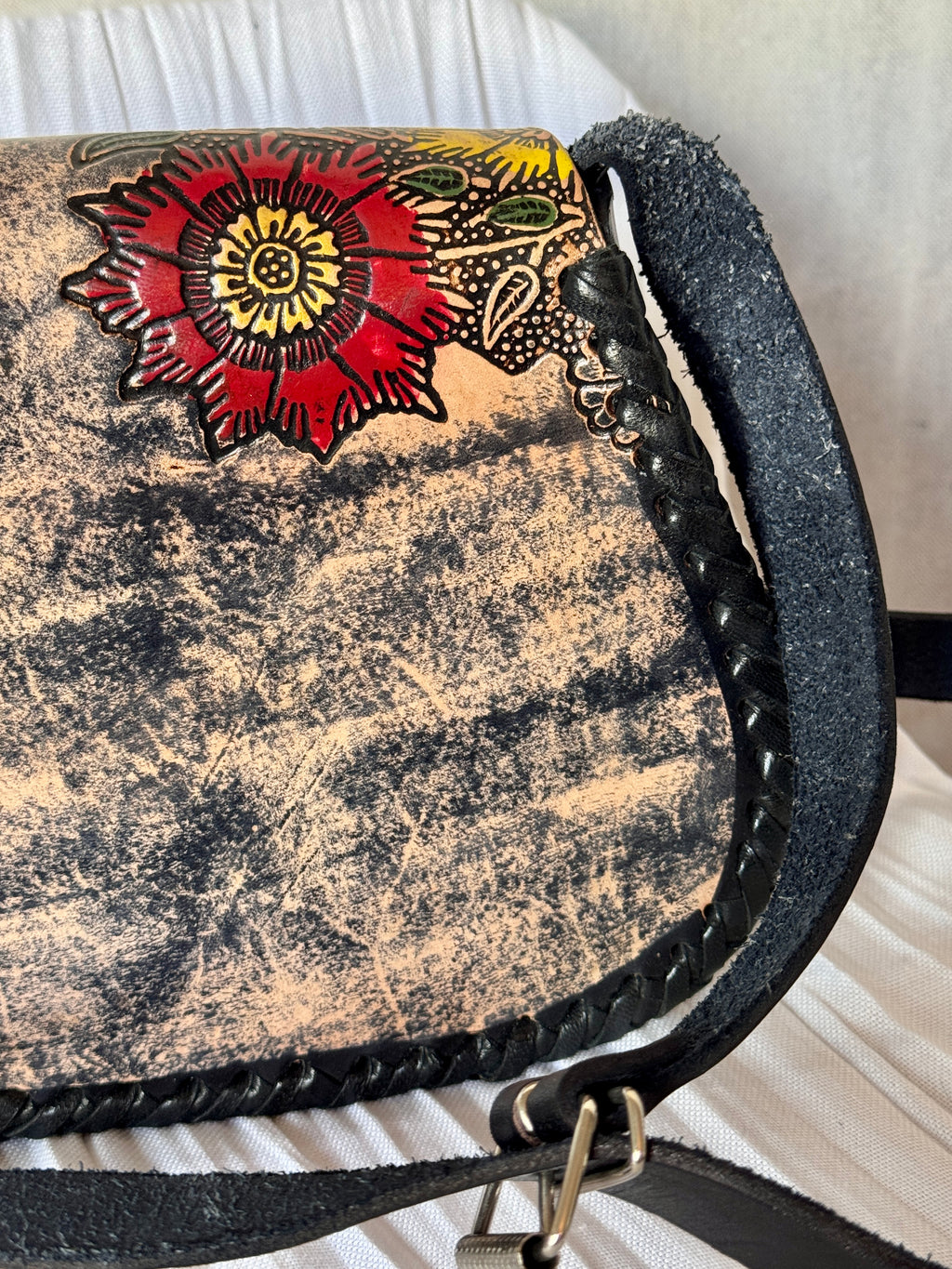 Black Leather Hand Tooled and Painted Peacock Flower Crossbody Bag