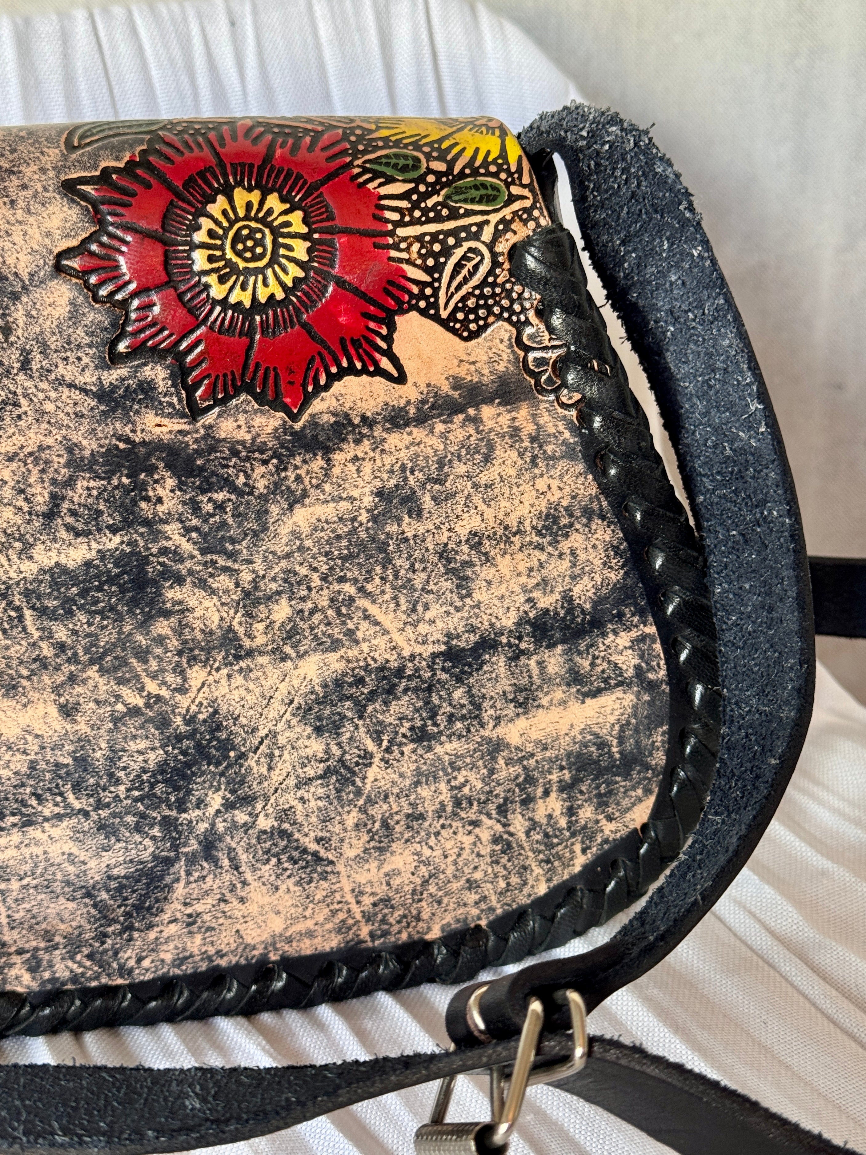 Black Leather Hand Tooled and Painted Peacock Flower Crossbody Bag