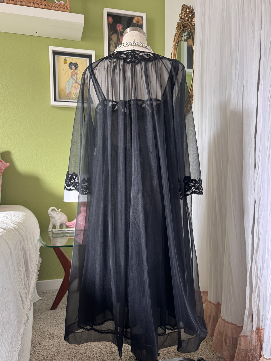 60s Sheer Black Nylon Negligee & Peignoir Set