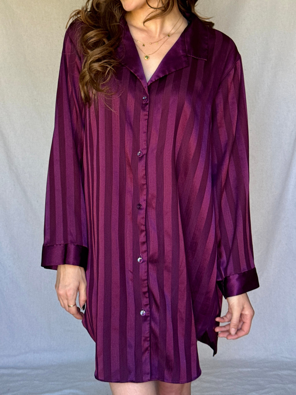 90s Cabernet Red Satin Striped Button Up Blouse