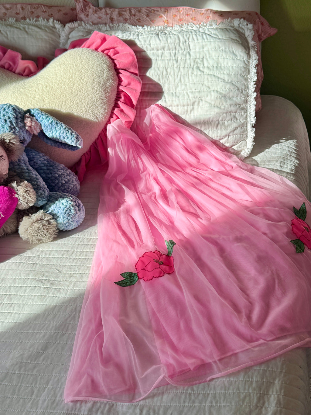 60s Pink Dayglo Nylon Hibiscus Flower Neglige & Peignoir Set