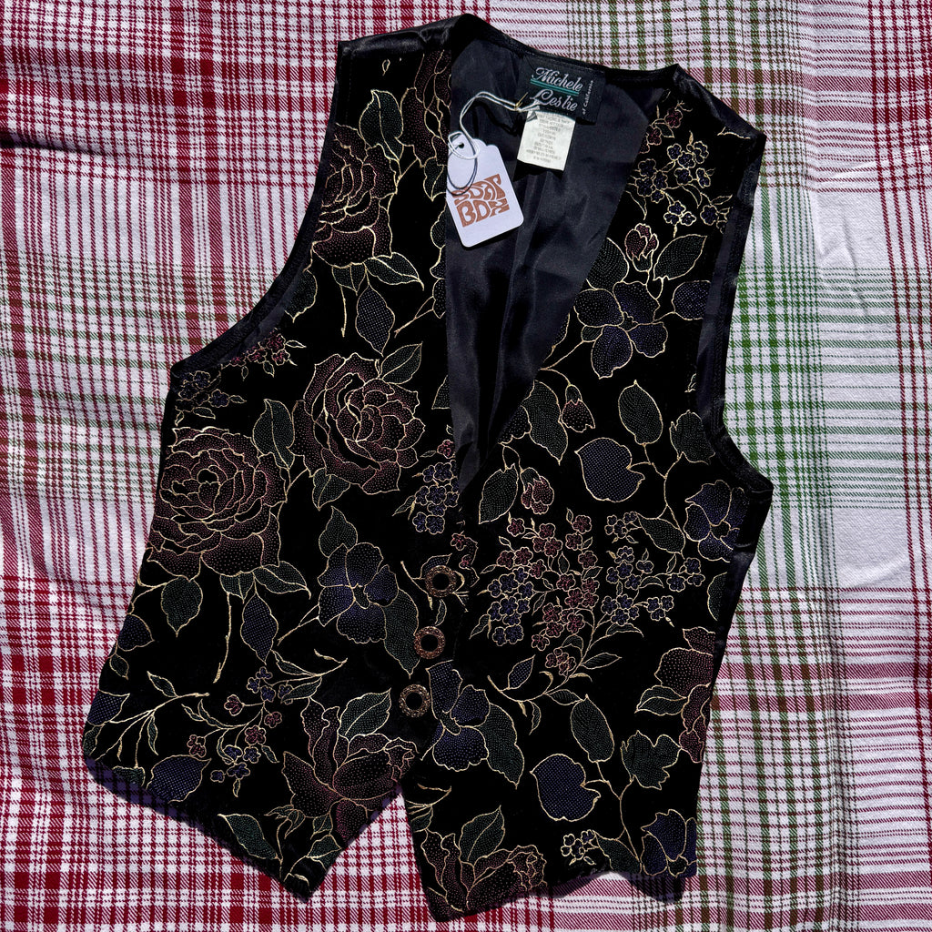 80s Black Velvet Floral Tux Vest