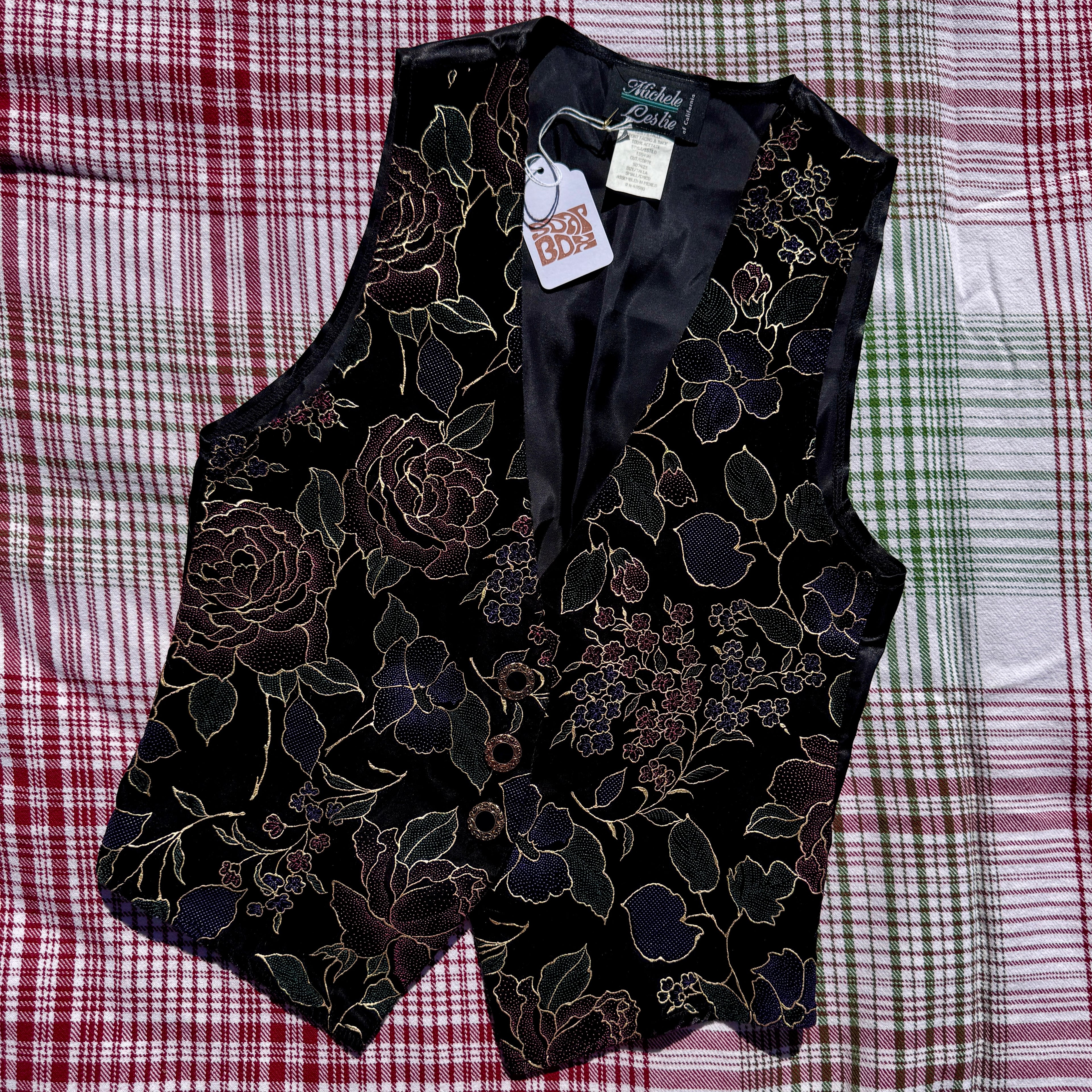 80s Black Velvet Floral Tux Vest